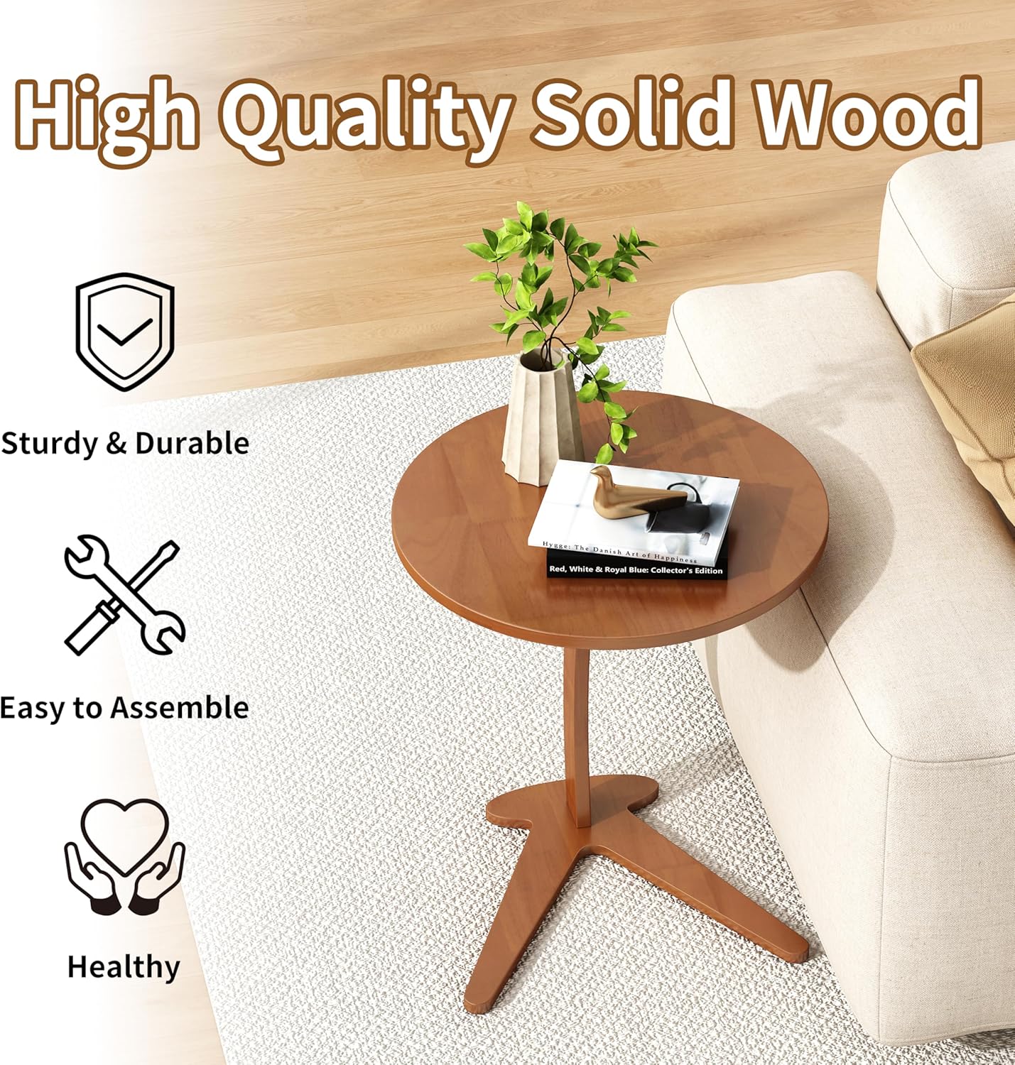 C Shaped End Table, Small Round Side Table for Couch, Slide Under Sofa Tray Desk for Living Room Bedroom, Solid Wood TV Tray Table for Narrow Space (17” Chestnut)