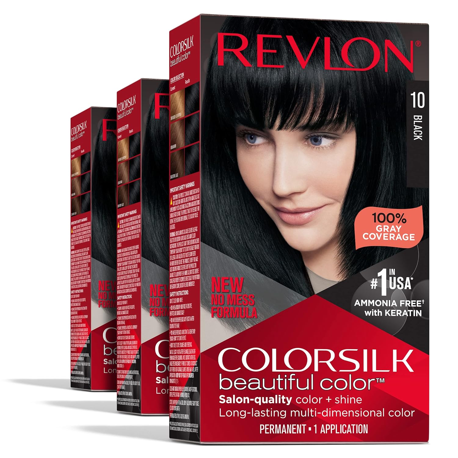 Revlon Permanent Hair Color, Permanent Black Hair Dye, Colorsilk with 100% Gray Coverage, Ammonia-Free, Keratin and Amino Acids, Black Shades (Pack of 3) 10 Black 13.20 Fl Oz (Pack of 1)