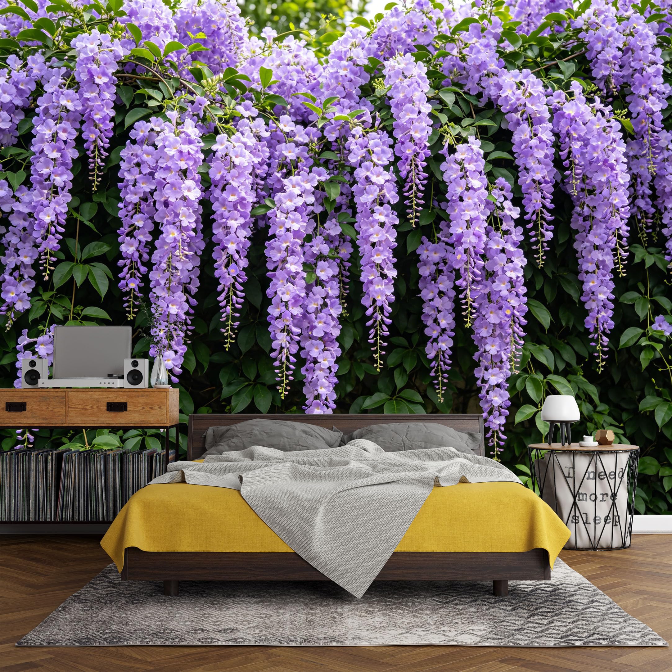 Custom Size Wall Mural， Botanical Purple Wisteria Flower Vine Garden，SelfAdhesive Art Prints wall Fabric (No PVC) Removable Wallpaper Living Room Decor