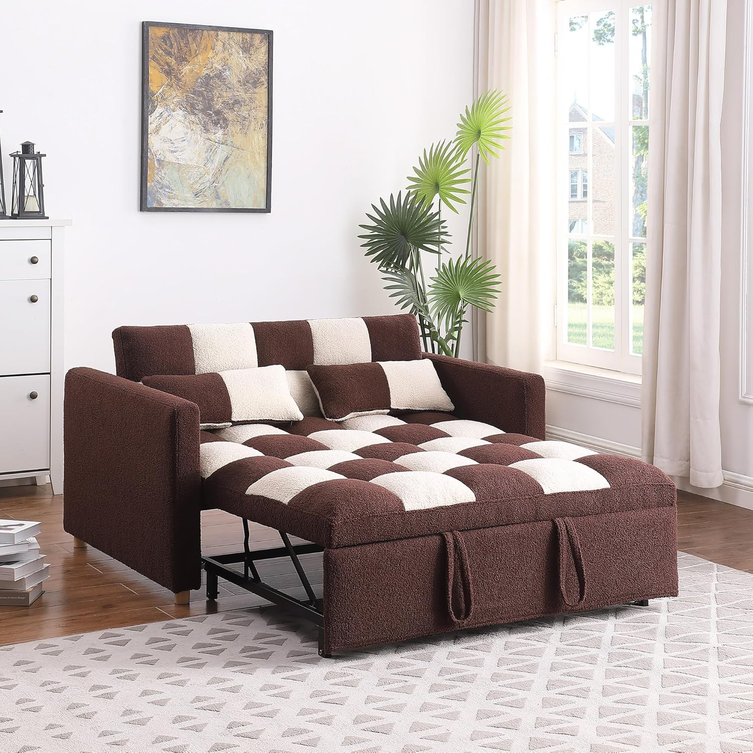 Loveseat Sleeper, Pull Out Sleeper Sofa with Adjustable Backrest and Pillows, Teddy Fabric Couch Bed for Living Room, Apartment and Small Space (White+Brown)