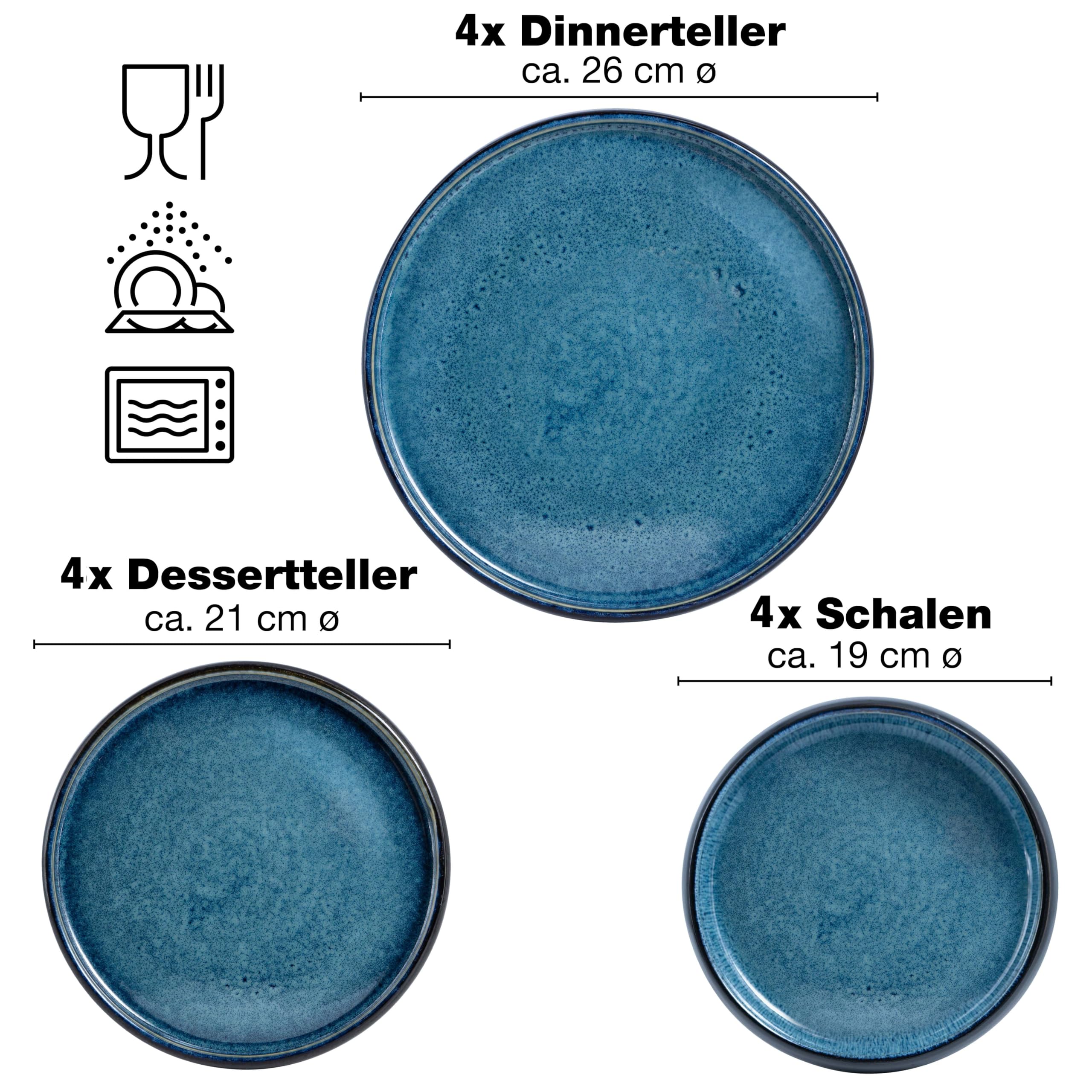 Moritz & Moritz SOLID Steinzeug Geschirrset 4 Personen, 12-tlg. Geschirr Set in Blau, Schüssel- und Teller Set aus besonders robustem Steinzeug, Kombiservice Tafelservice 4 Personen