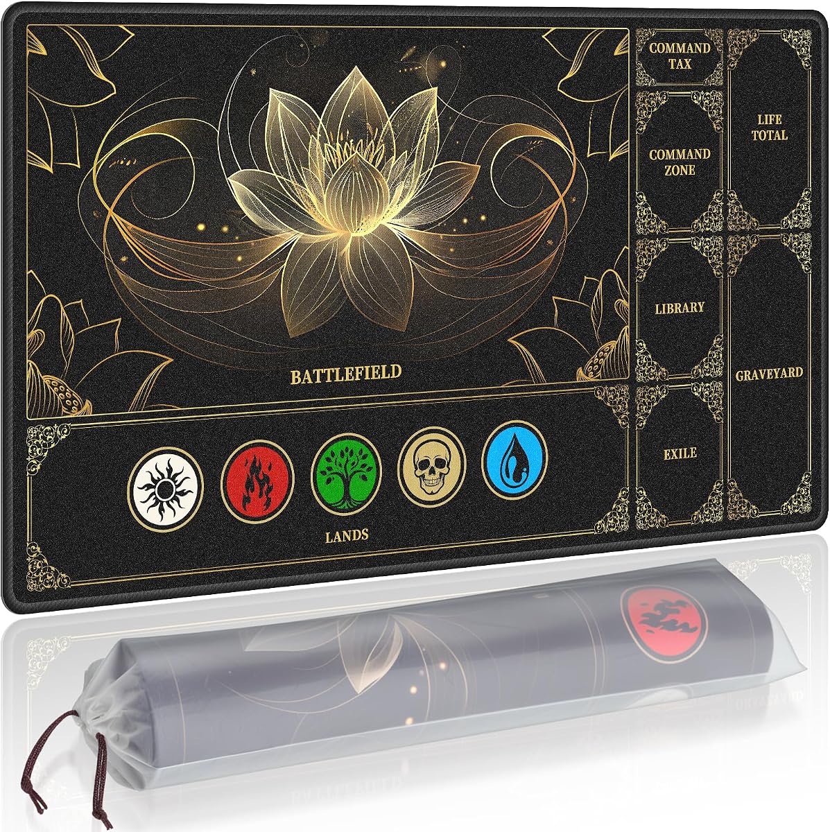 Playmat Compatible with MTG Magic The Gathering, Lotus Pattern | 24 x 14 Inch - Non-Slip Rubber Base, Stitched Edges, Card Zones & Protective Storage Sleeve