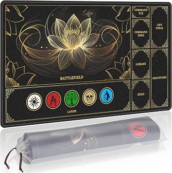 NiHome Playmat Compatible with MTG Magic The Gathering, Lotus Pattern | 24 x 14 Inch - Non-Slip Rubber Base, Stitched Edges, Card Zones & Protective Storage Sleeve