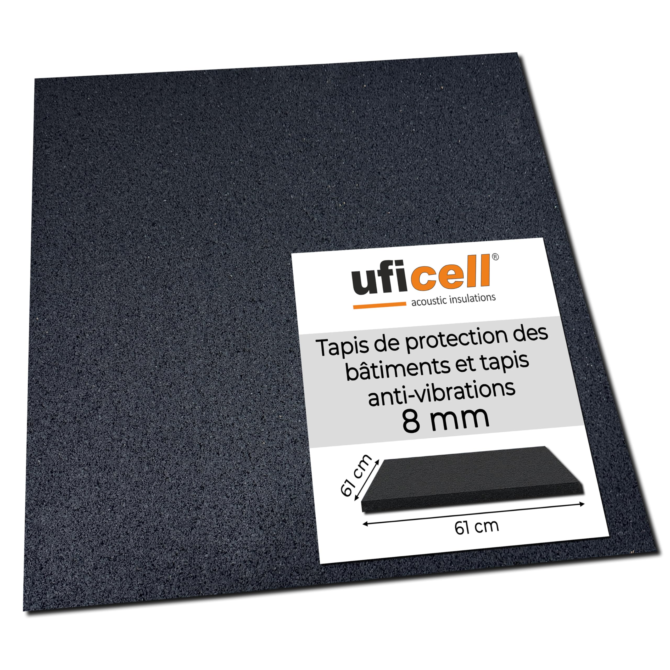 uficell Tapis de protection de bâtiment et tapis anti-vibration pour machine à laver ou sèche-linge 61 x 61 cm – 8 mm d'épaisseur, isolation acoustique de qualité supérieure