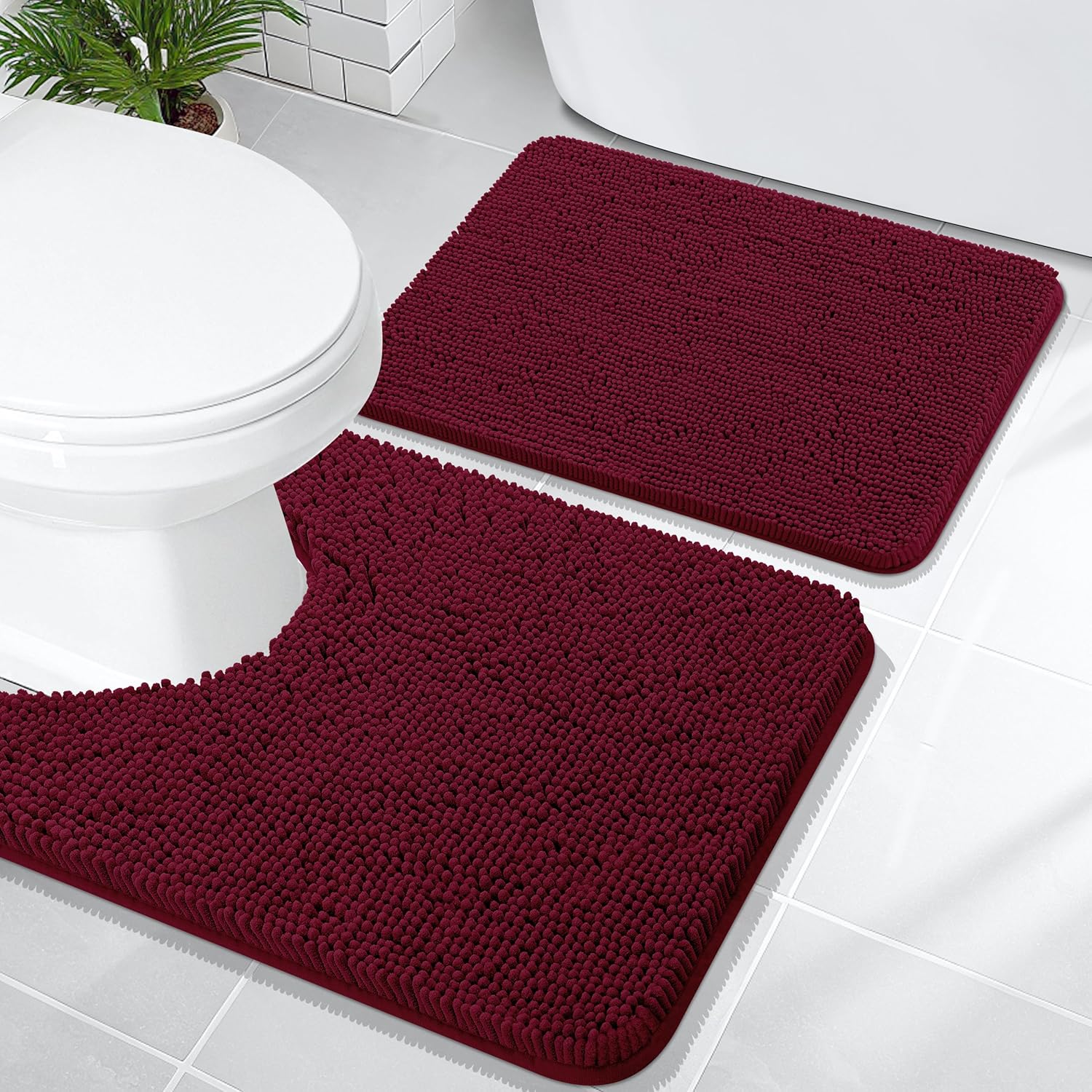 OLANLY Bathroom Rugs Sets 2 Piece, Soft Absorbent Chenille Bath Mats and U-Shaped Contour Toilet Mat Area Rug Set, Machine Washable Bath Carpet, Home Decor Accessories(24"x16"+24"x20", Burgundy)