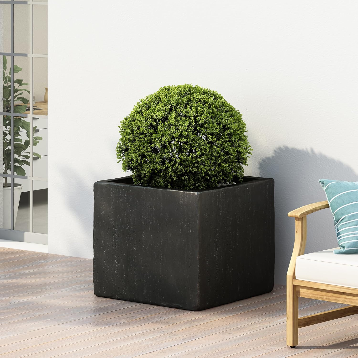 Christopher Knight Home Jorine Cast Stone Planter, Square Patio Urn, Lightweight Concrete Garden Pot, Plant Pot with Drain Plug, Outdoor Large Planter for Backyard Garden Poolside, 21.50" Black