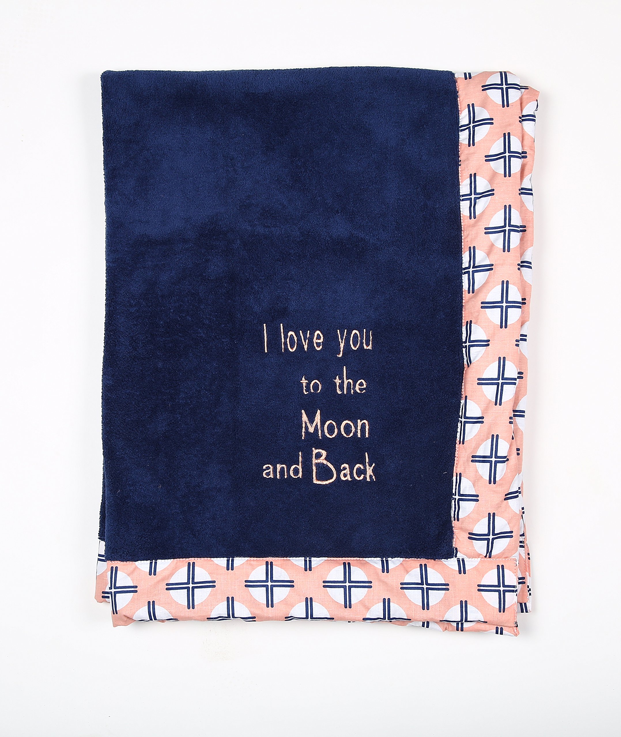 BacatiTribal/Aztec Plush Embroidered 30 x 40 inches Baby Blanket (Coral/Navy Love You to The Moon & Back)