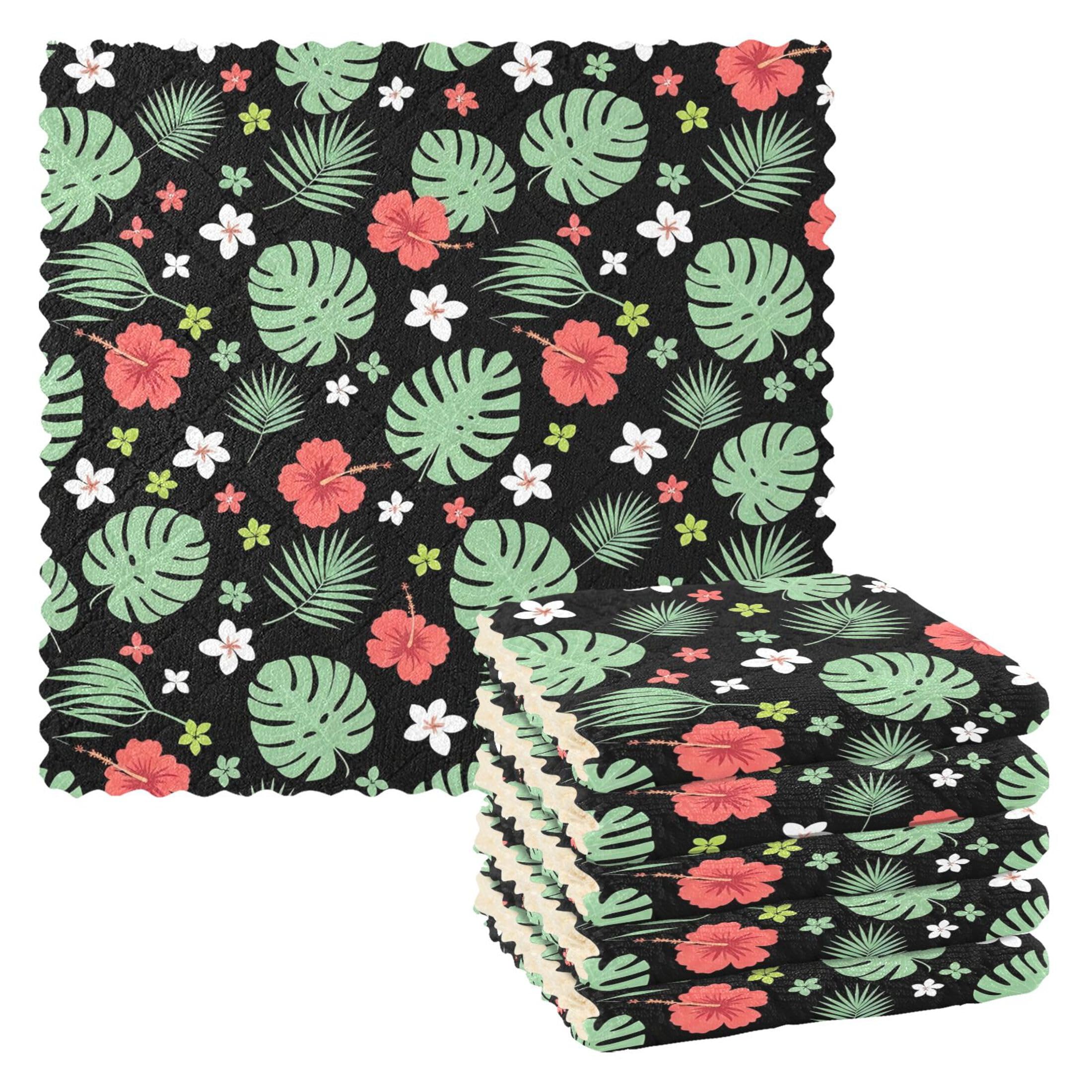 Fuauuyl Hibiscus Monstera Leaves Kitchen Dish Towel Set of 6, Soft Absorbent Washable Cleaning Cloths Dish Rags Tea Bar Drying Towels, 11x11 In