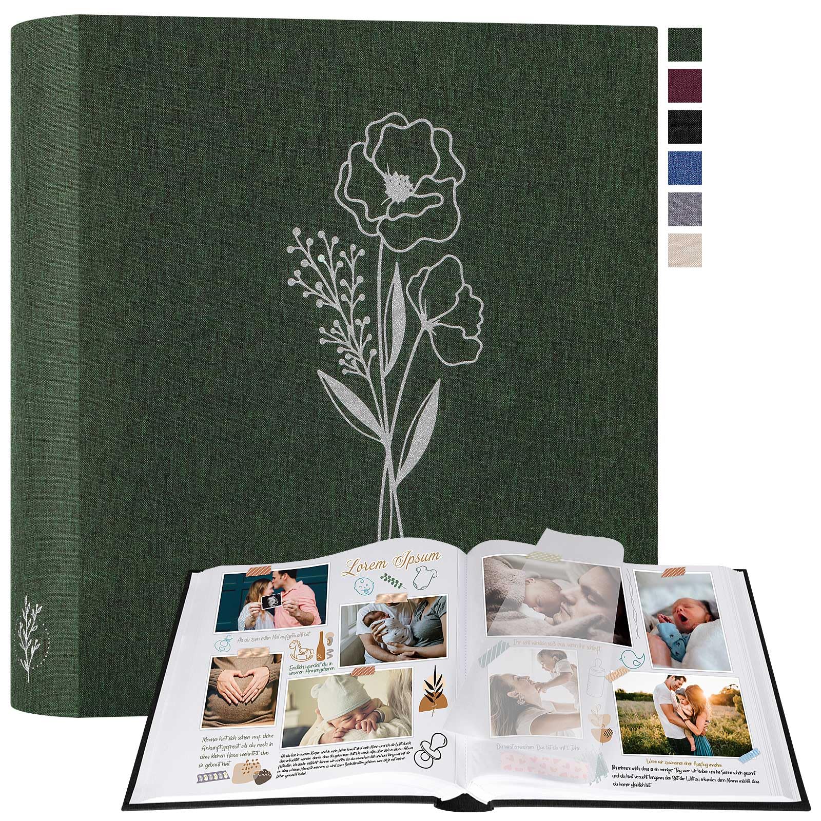 Lanpn Large Scrapbook Photo Album, Linen Cover Acid Free Photo book Picture Albums with 50 Sleeves 100 White Pages with Glassine Dividers (Green, 30 x 33.5 cm)