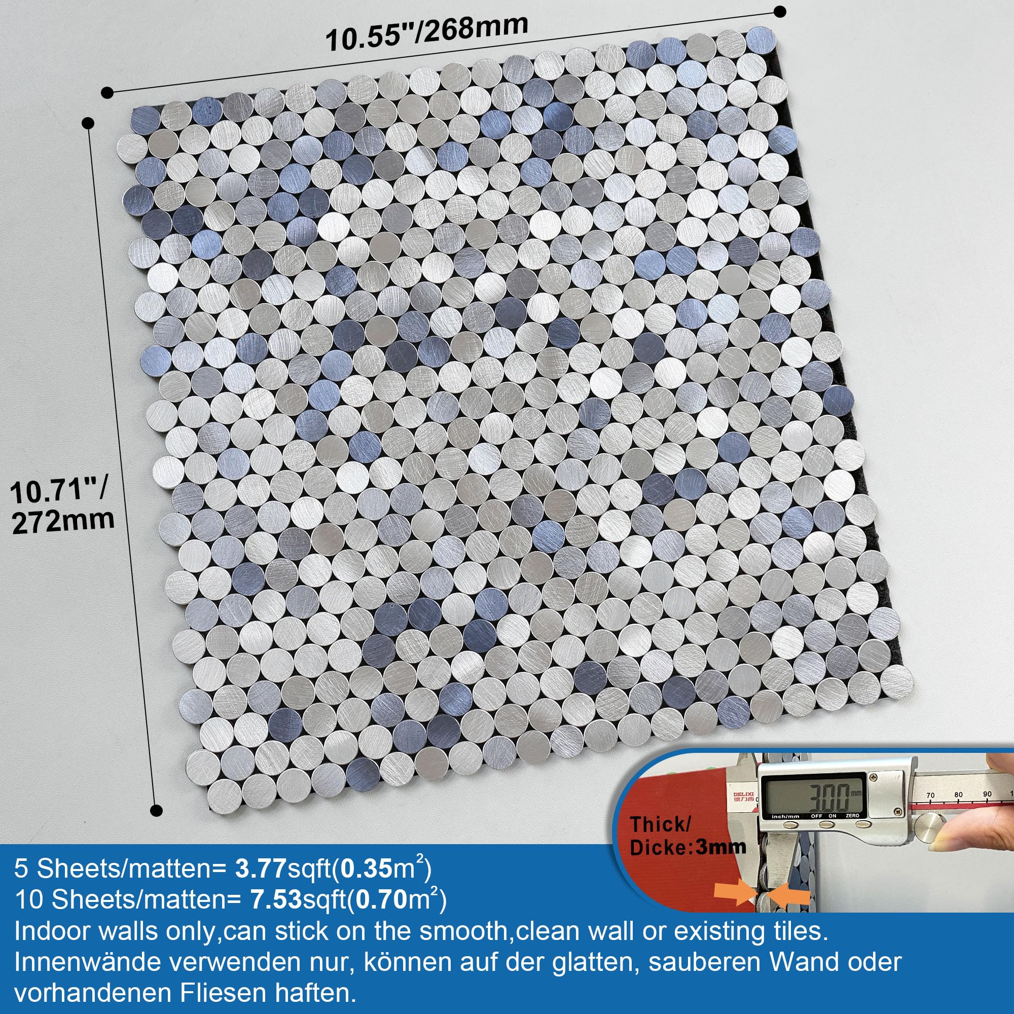 Petits carreaux ronds Penny autocollants pour dosseret de cuisine, autocollants de carreaux en mosaïque métallique pour mur de cuisine, derrière la cuisinière, cheminée (10 feuilles, bleu)