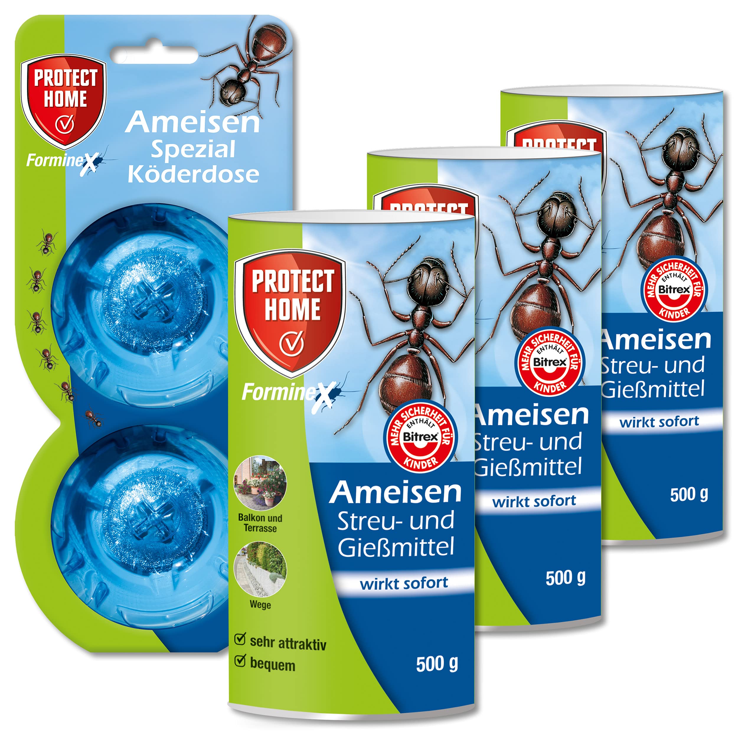 Protect Home 3x 500g FormineX Ameisen Streu-& Gießmittel N + 2 Stück Köderdose Spezial