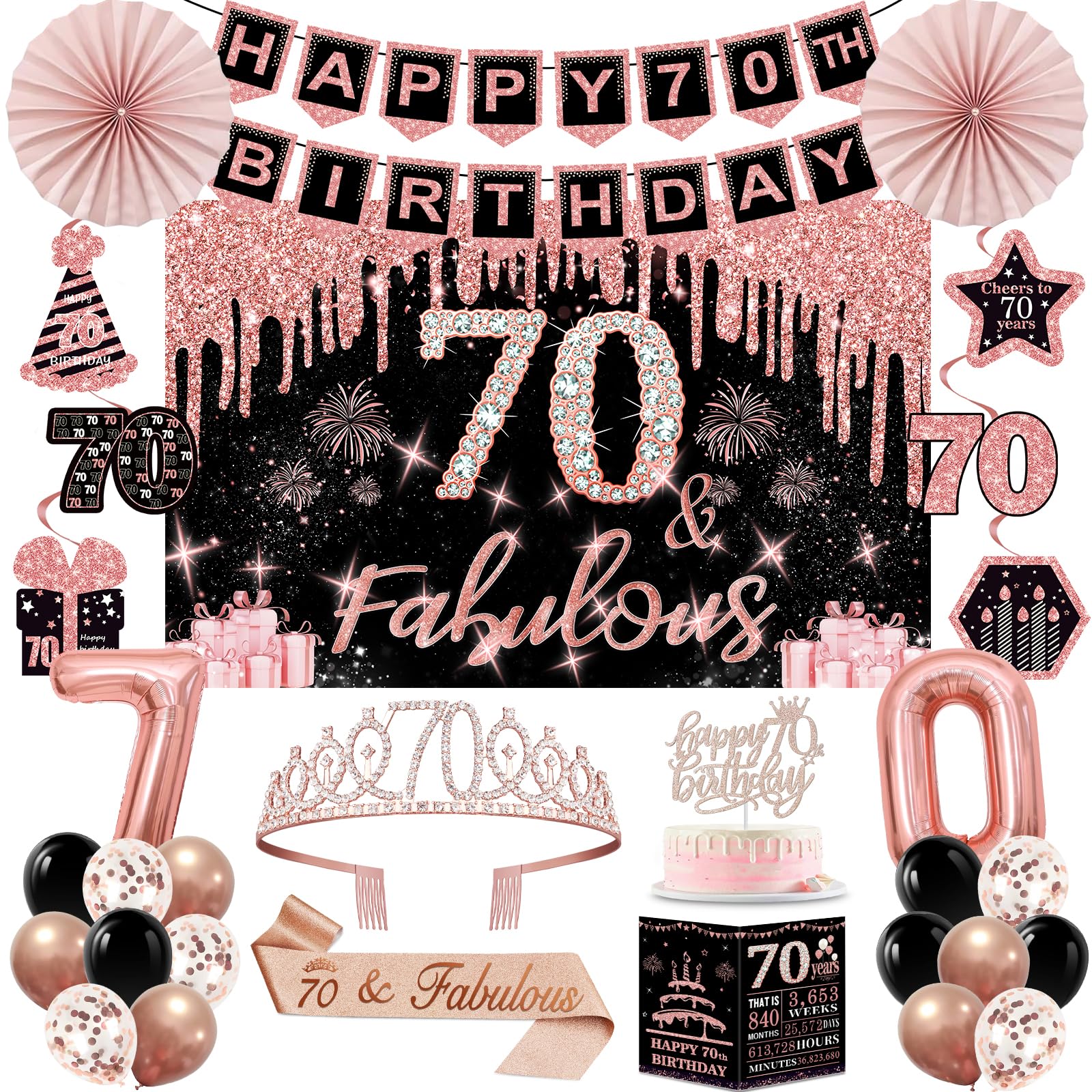 70th Birthday Decorations for Women,32pcs 70th Birthday Party Decorations,Including Backdrop, Crown, Sash, Banner, Hanging Swirl, Cake Topper, Balloons, Anniversary Card, Paper Fans