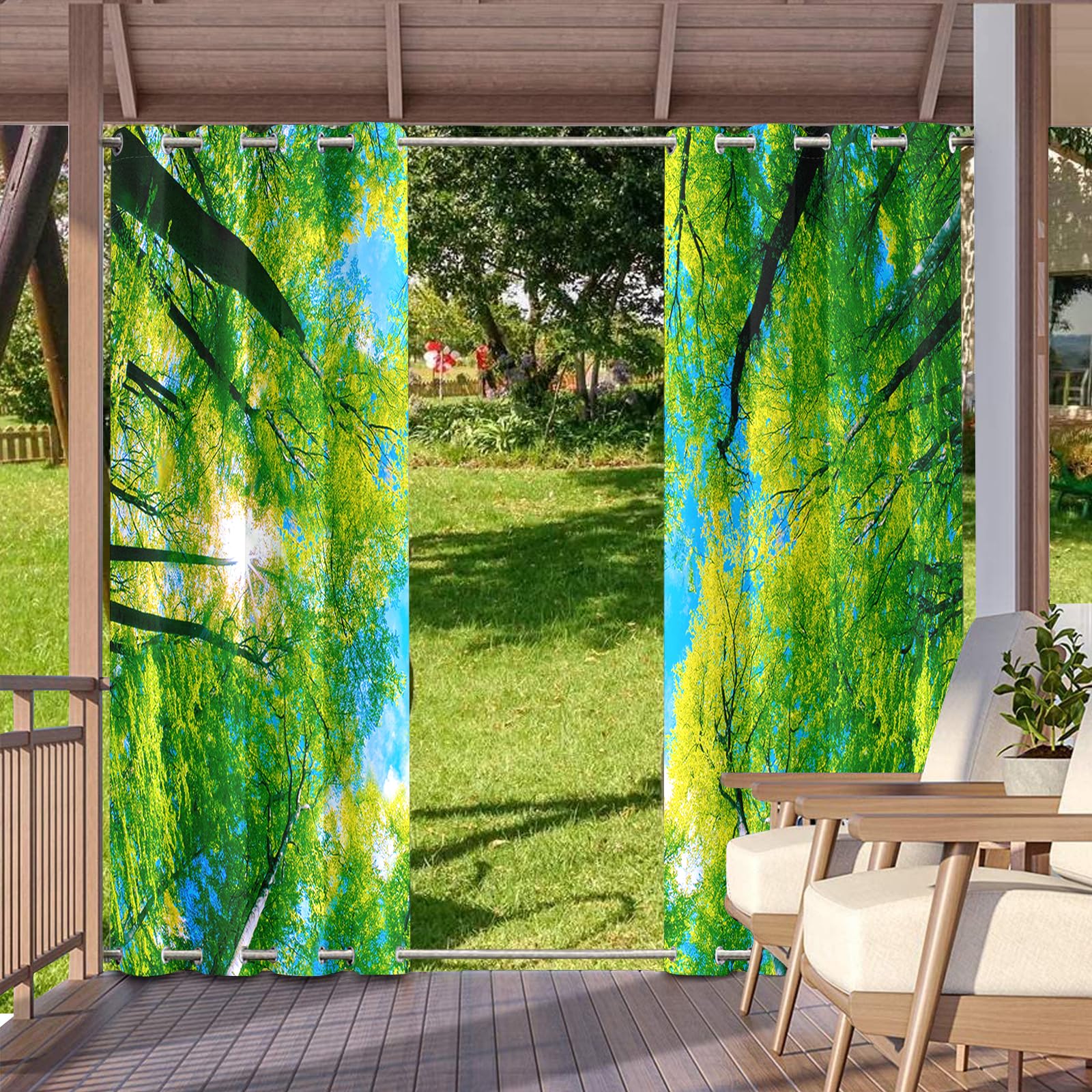 Hixingo 3D Outdoor Vorhang Wetterfest mit Ösen Oben und Unten, 2er Set Outdoorvorhänge Wasserdicht Winddicht Outdoor Gardinen Sonnenschutz Sichtschutz (Grüner Wald,137x274cm)