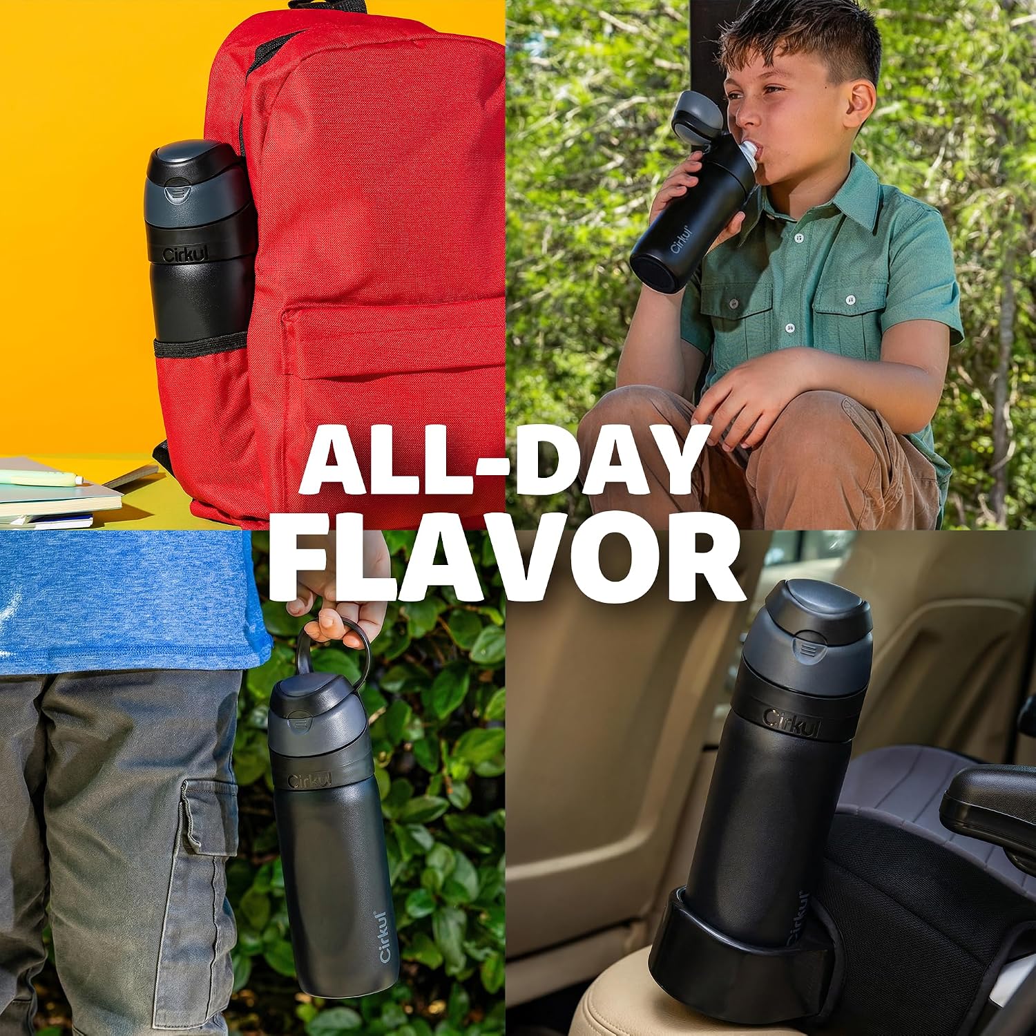 Cirkul 16oz Onyx StrawSip Flip Stainless Steel Water Bottle - Double Walled Vacuum Insulated Bottle For Kids and Teens with Flavor Cartridge Included, No Sugar, Zero Calories (Caffeine Free)