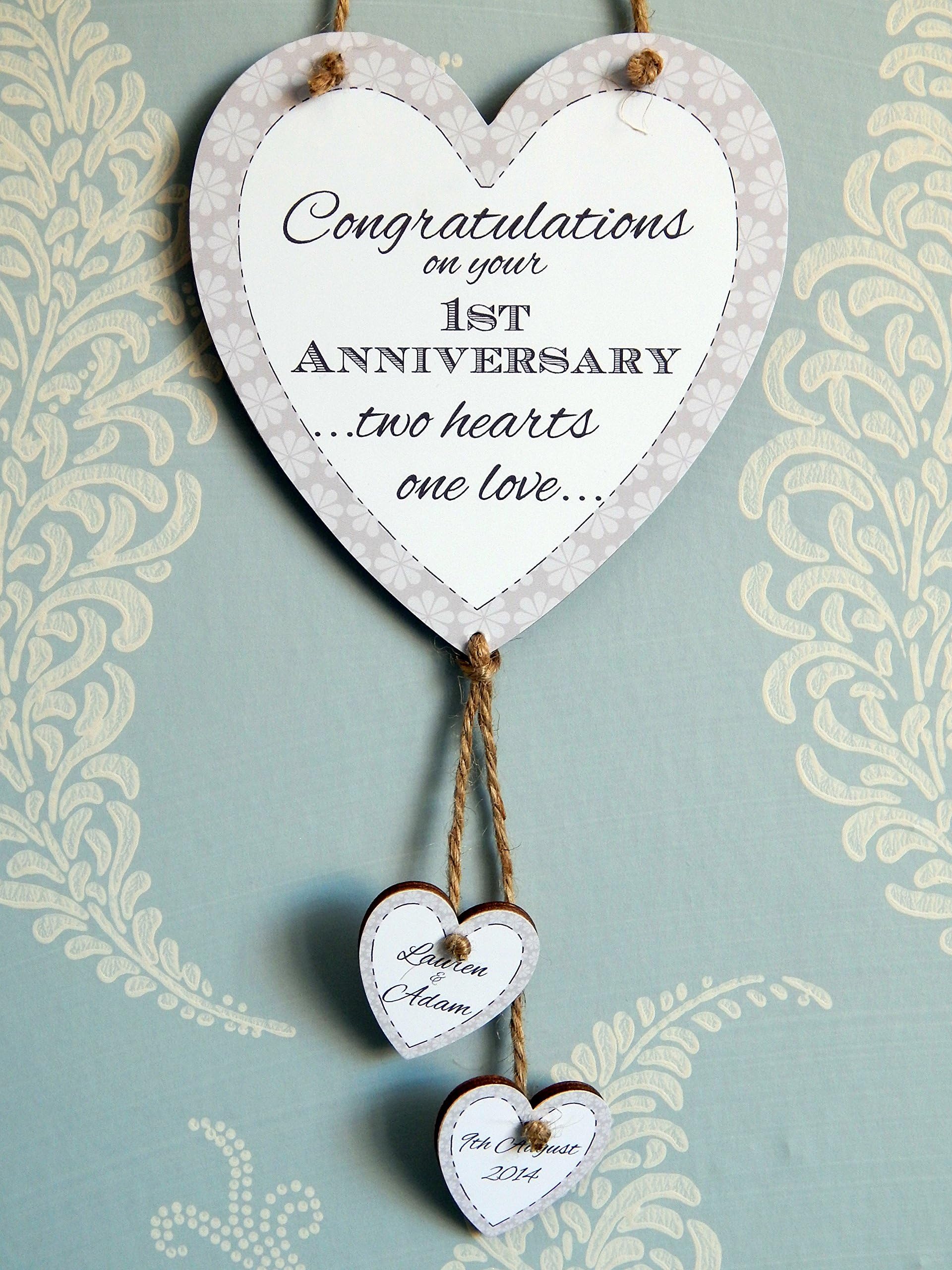 judilicious Two Hearts One Love Congratulations On Your 1st Wedding Anniversary Heart Plaque Personalised names and year or date of your choice - First with Hanging Hearts - Handmade in the UK