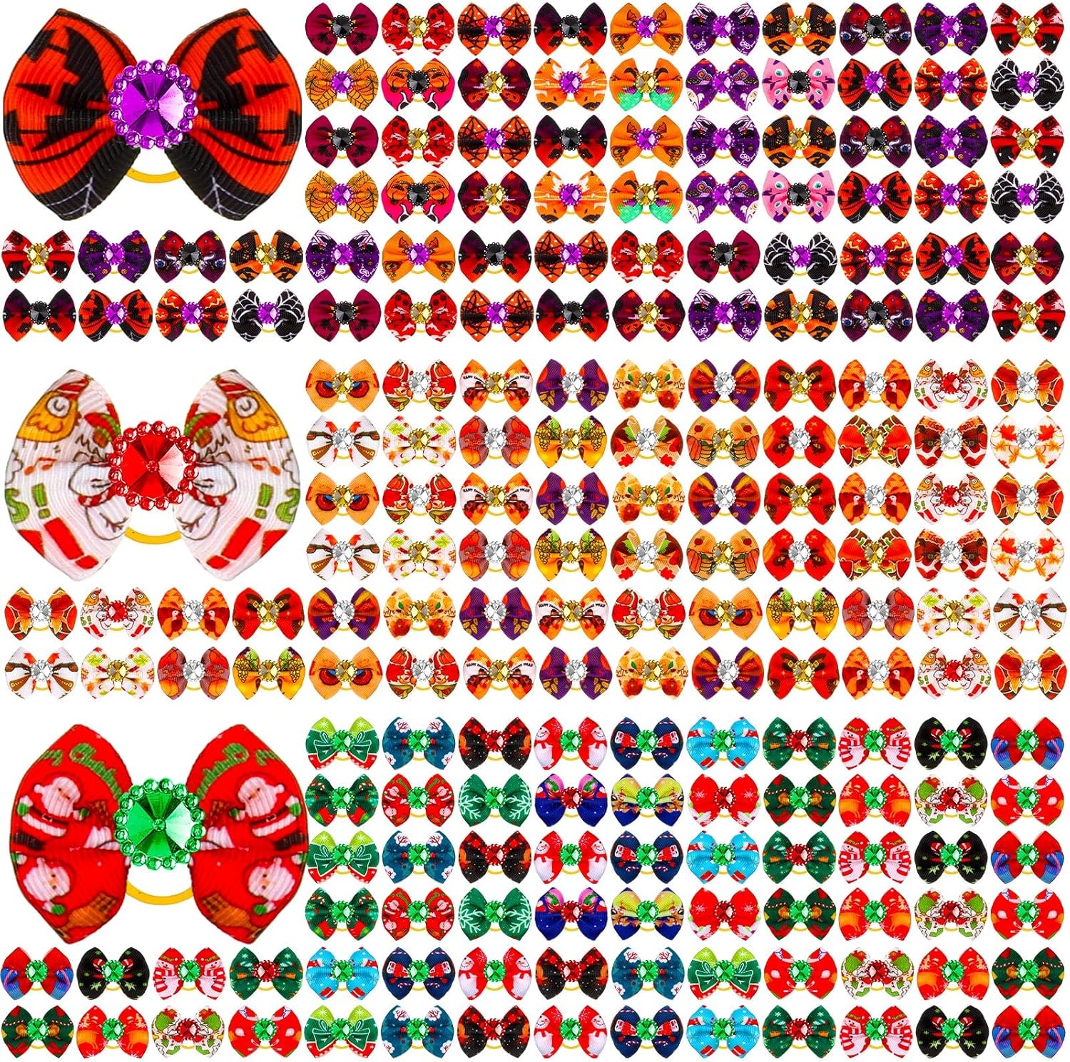 Yunlly 240 Pcs Christmas Fall Dog Bows for Hair with Rubber Bands Puppy Bows Thanksgiving Cute Style Pet Hair Bows Rhinestone Grooming Bows Cat Dog Topknot Bows Small Holiday Bowknot