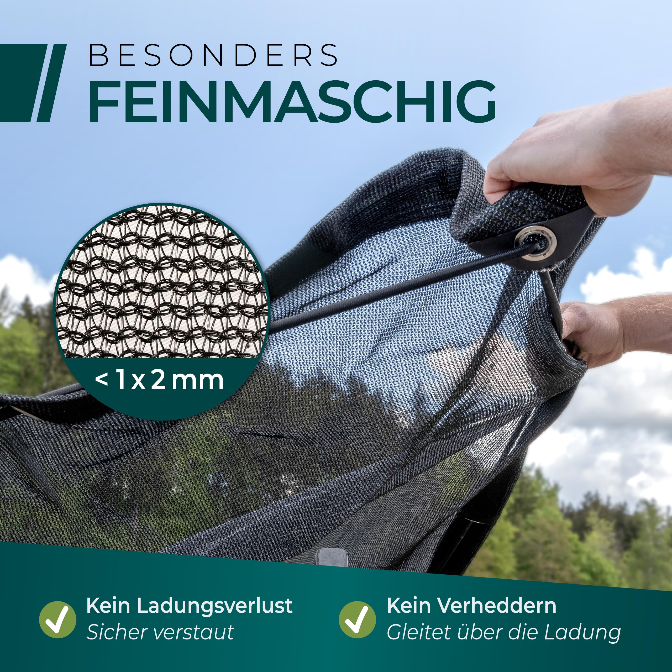 CargoVA® Anhängernetz Feinmaschig 2x3m [DEKRA Geprüft] - Abdecknetz mit Gummiseil - Ladungssicherungsnetz für Anhänger - Laubnetz StVO-Konform