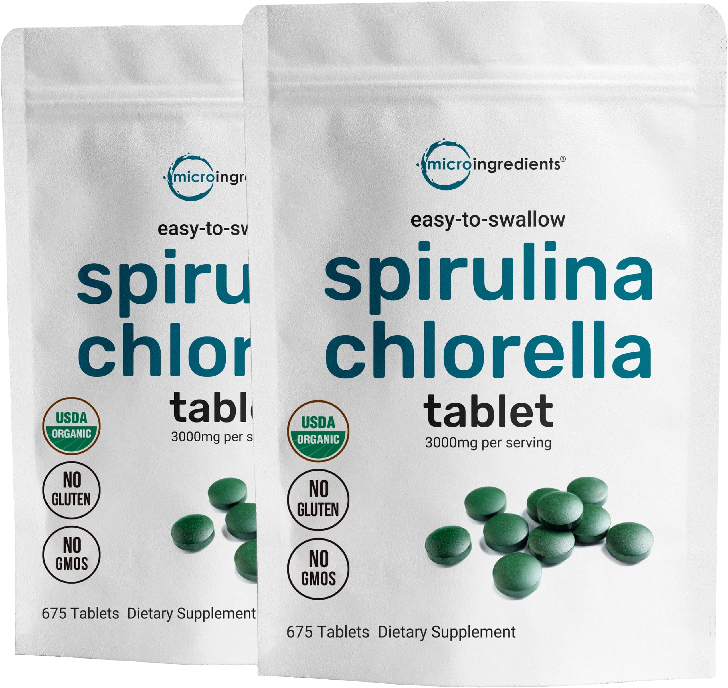 Micro Ingredients 2 Pack Organic Spirulina and Chlorella Supplement, 3000mg Per Serving, 1350 Mini Tablets Each, Rich in Chlorophyll and Antioxidant, No GMOs, Vegan Friendly, Product of Taiwan