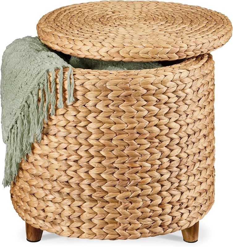 Best Choice Products 17" Round Storage Ottoman W/Lid, Handwoven Water Hyacinth Footstool, Footrest w/Wooden Legs, Accent Side Table, Storage Container, Plant Stand - Natural
