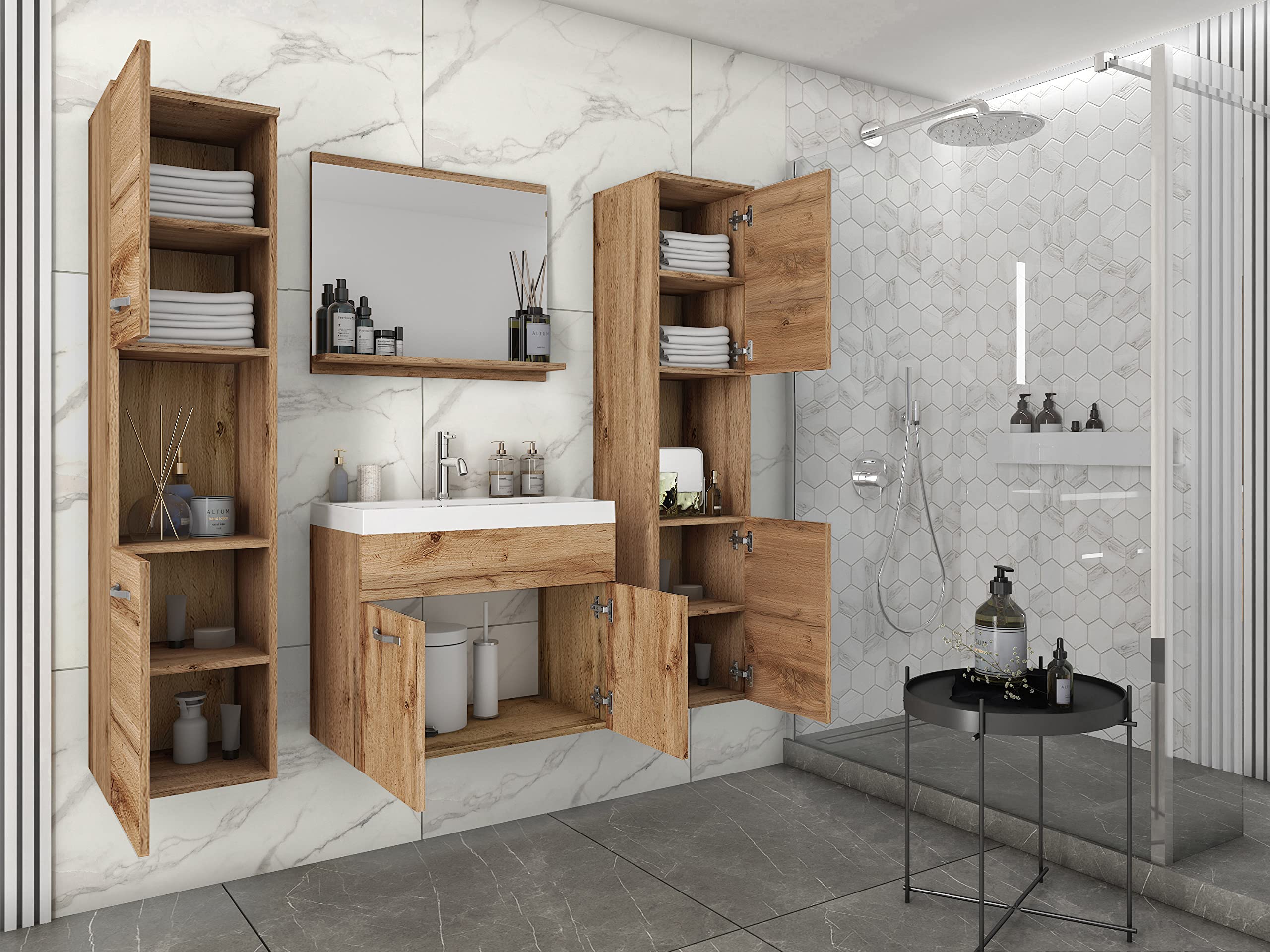 MINIO go for it - Badmöbel 4-Teilig Set Monal, Spiegel mit Regal | Schrank mit Waschbecken Laminierte Spannplatte Griffe und Beschläge aus Metall Wotan Eiche