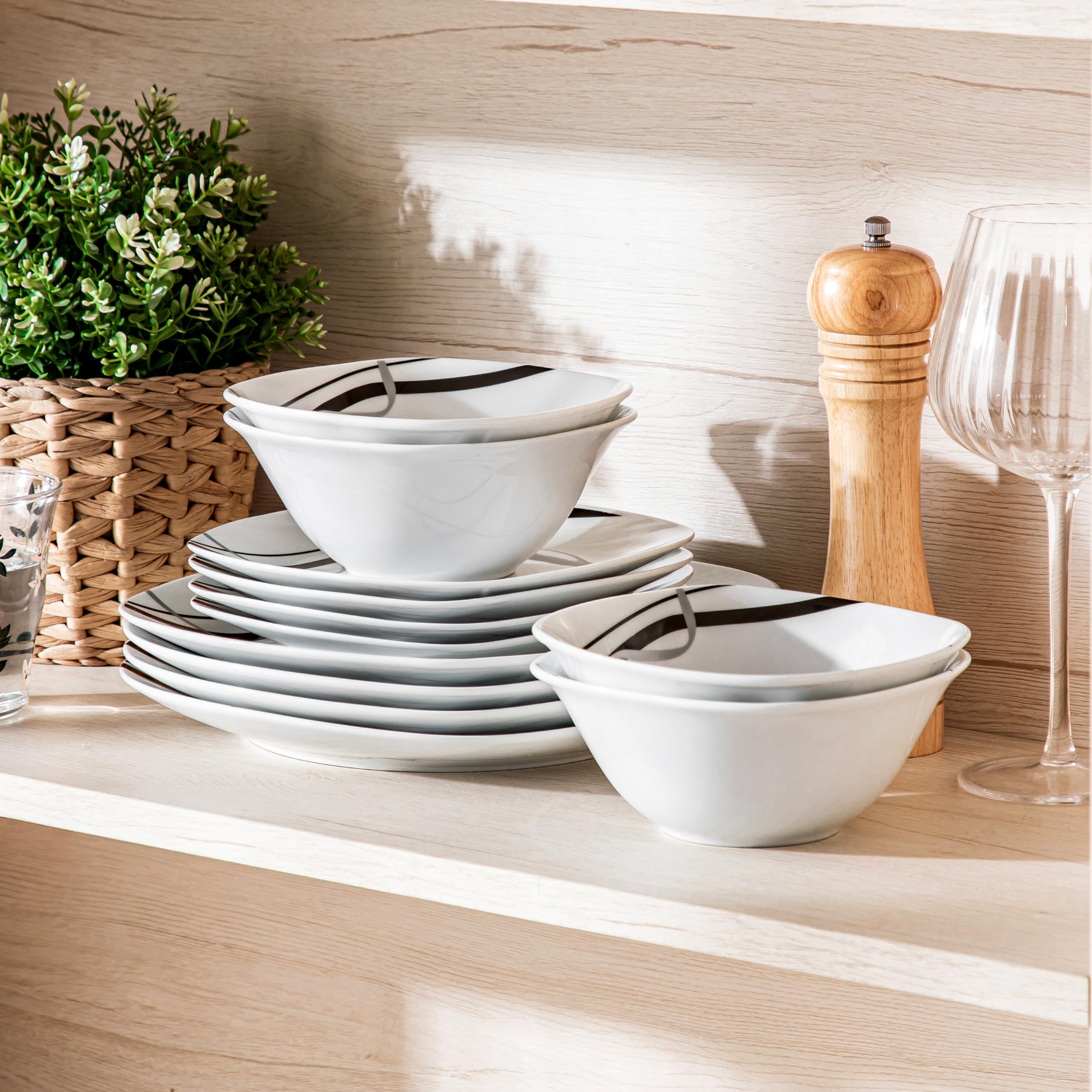 VEWEET Juego de platos y cuencos, vajilla de porcelana para 4, juego de 12 platos que incluye platos llanos, platos de postre y cuencos de cereales, serie Fiona
