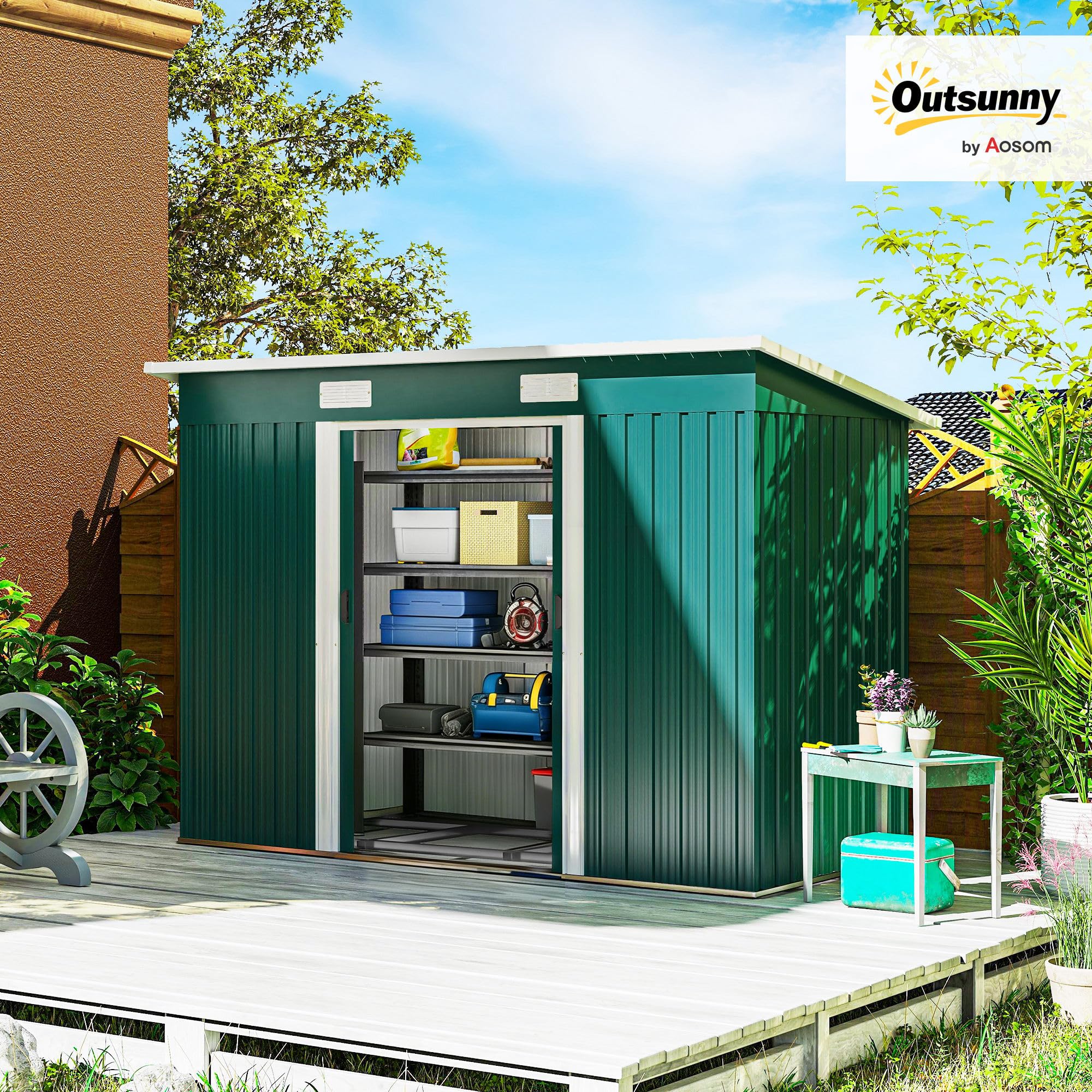Outsunny Casetta da Giardino con Prese d'Aria 272x134x182 cm Verde Scuro