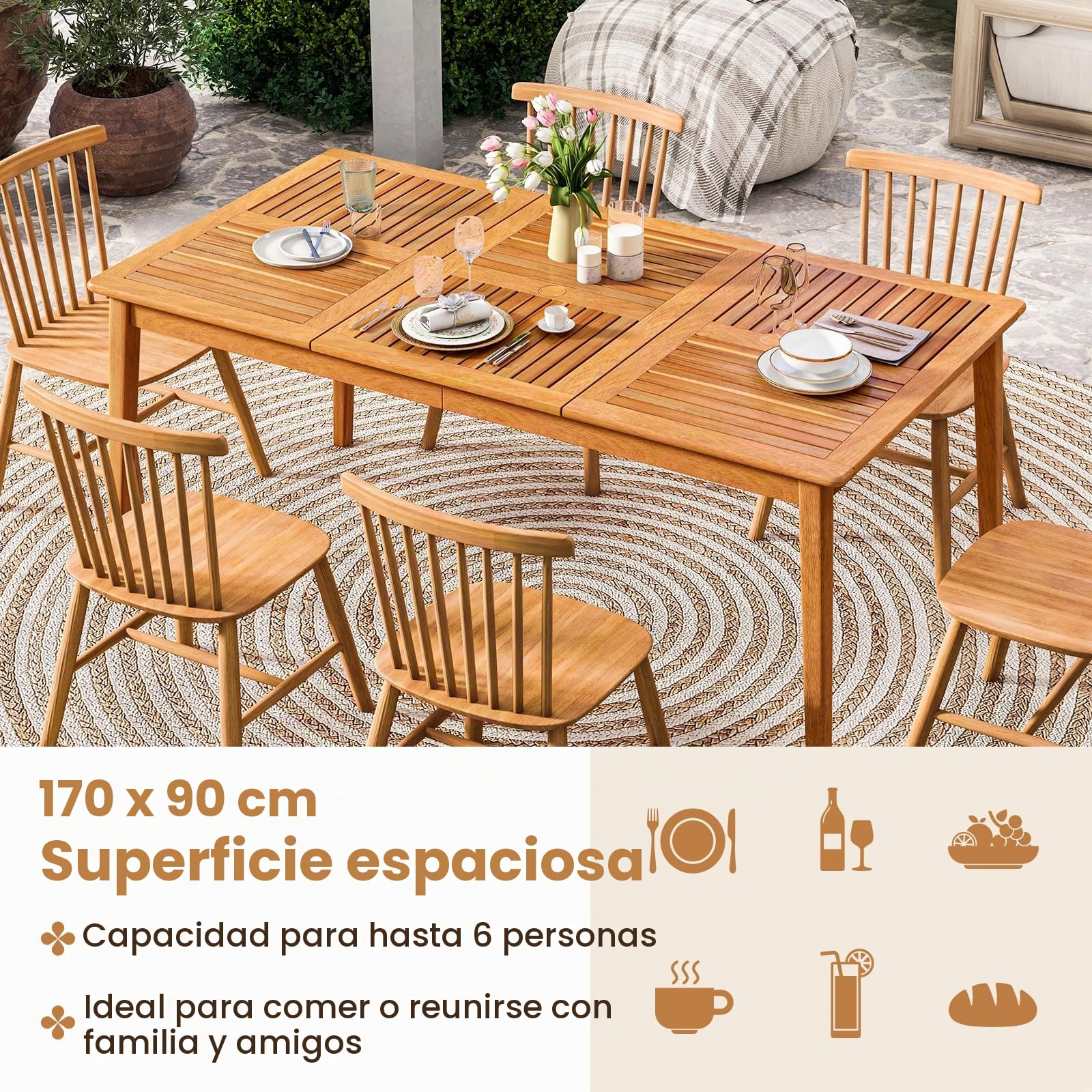 KOMFOTTEU Mesa de jardín de Madera de Acacia, Mesa de Comedor con Orificio para Sombrilla, Mesa Rectangular para 4/6/8 Personas, para Terraza, Balcón, Patio (Mediano)