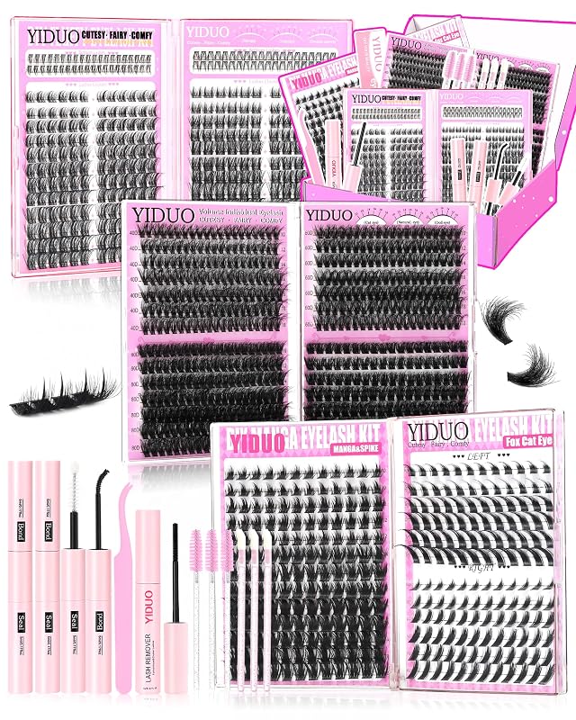 YIDUO Kit de Cílios em Tufo com 1214 unidades, estilos Manga, Fox Eye e Spikes, curvatura D, com Bond e Seal