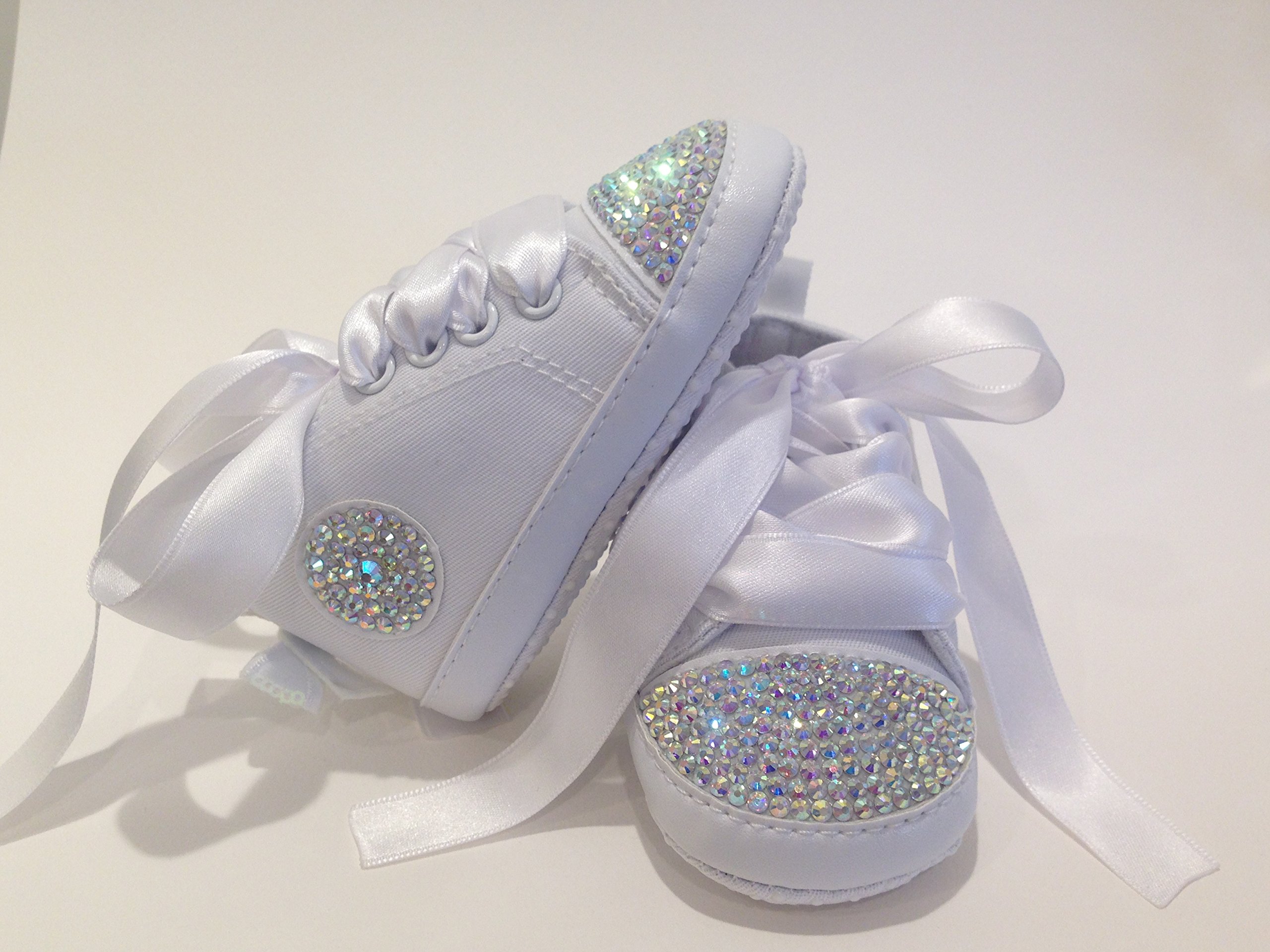 Scarpe Bambina 3-6 Mesi Bianche con Cristalli Strass, Sneakers Battesimo Bimba Neonato Taglia 18/19 (11cm) Bebè Luxury