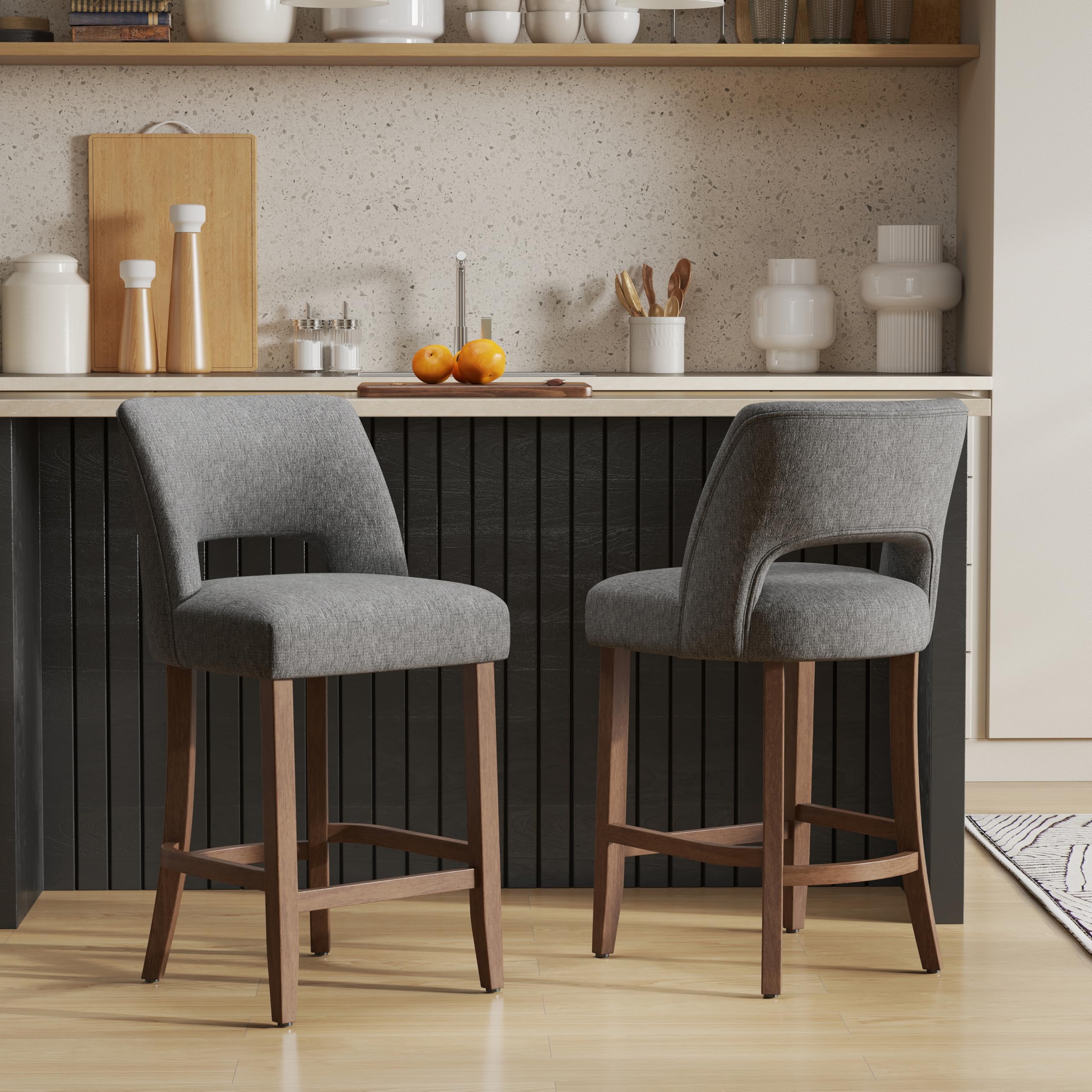 VKNOW Bar Stools Set of 2, 26" Fabric Counter Height Bar Stools, Charcoal
