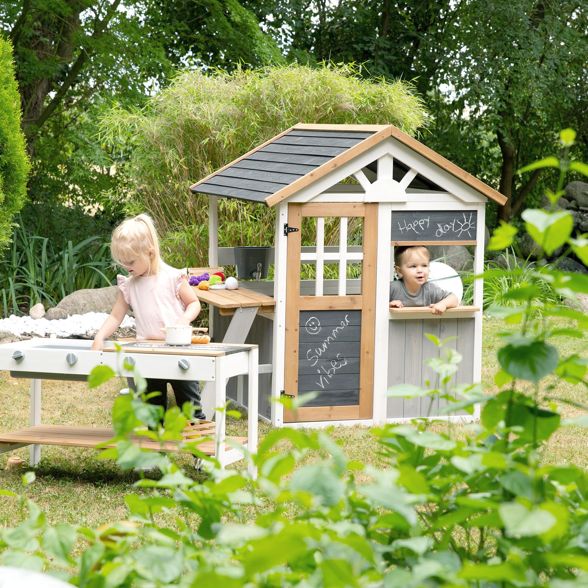 roba Spielküchenerweiterung für Spielhaus - Outdoor-Kinderküche weiß-braun mit BBQ- und Kochplatten - Zubehör für Garten-Spielhaus ab 18 Monaten - Mit Spielwannen & Drehknöpfen - Holz wetterfest