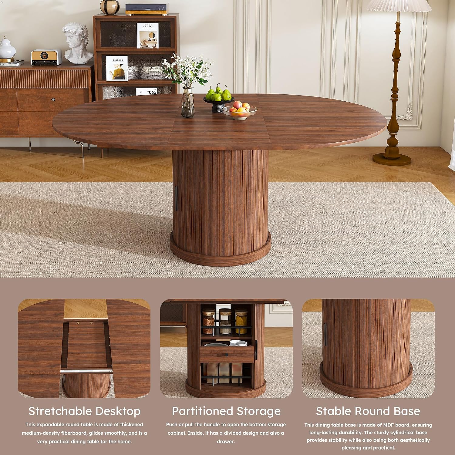 Round Dining Table Set for 6, 47-59" Extendable Round Dining Table with 6 Chairs, Wooden Kitchen Table and Chairs Set with Storage Base, Modern Dining Room Table Set for 6