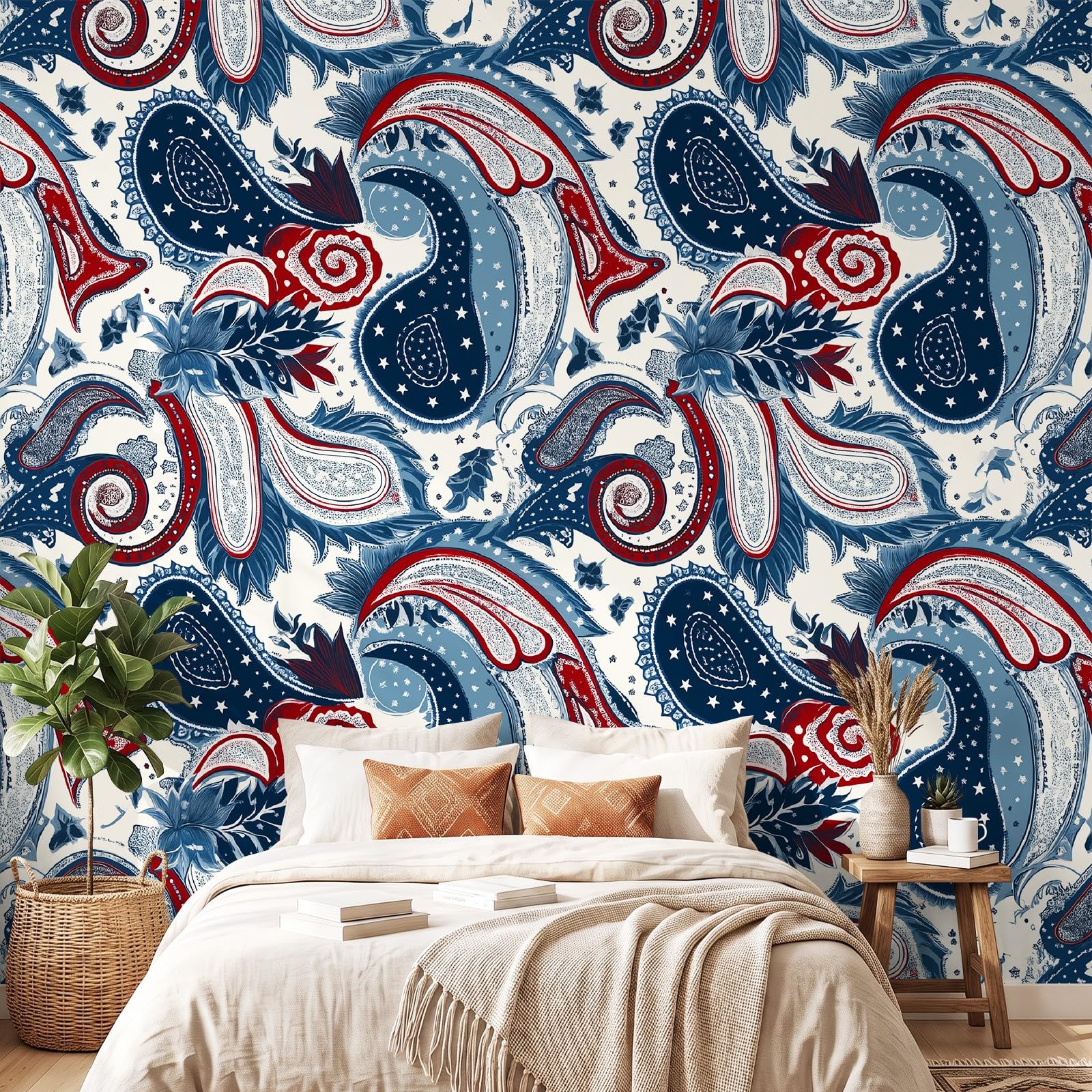 Tapeta na flizelinie w stylu vintage, boho, obraz ścienny, 260 g/m², jakość premium, 250 x 175 cm, tapeta ścienna, Paisley, etno, ornamenty, dekoracja ścienna do sypialni, salonu, jasnoniebieska
