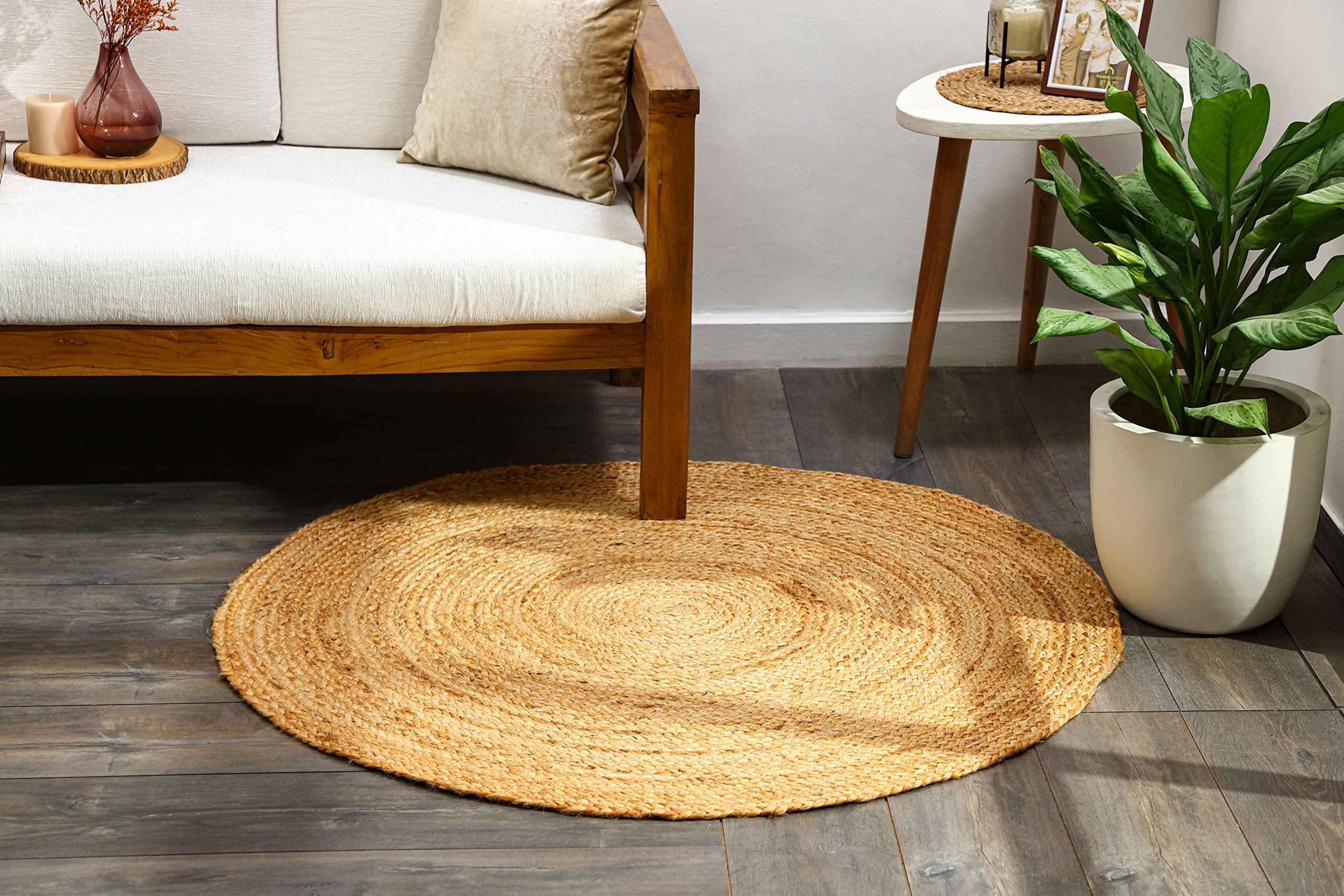 Spetebo Alfombra de Yute Tejido Nature - Redonda 100 cm - Pelo Corto Estilo Étnico - Fibra Natural Reciclable Hidrófuga Antiestática Inalterable al Color