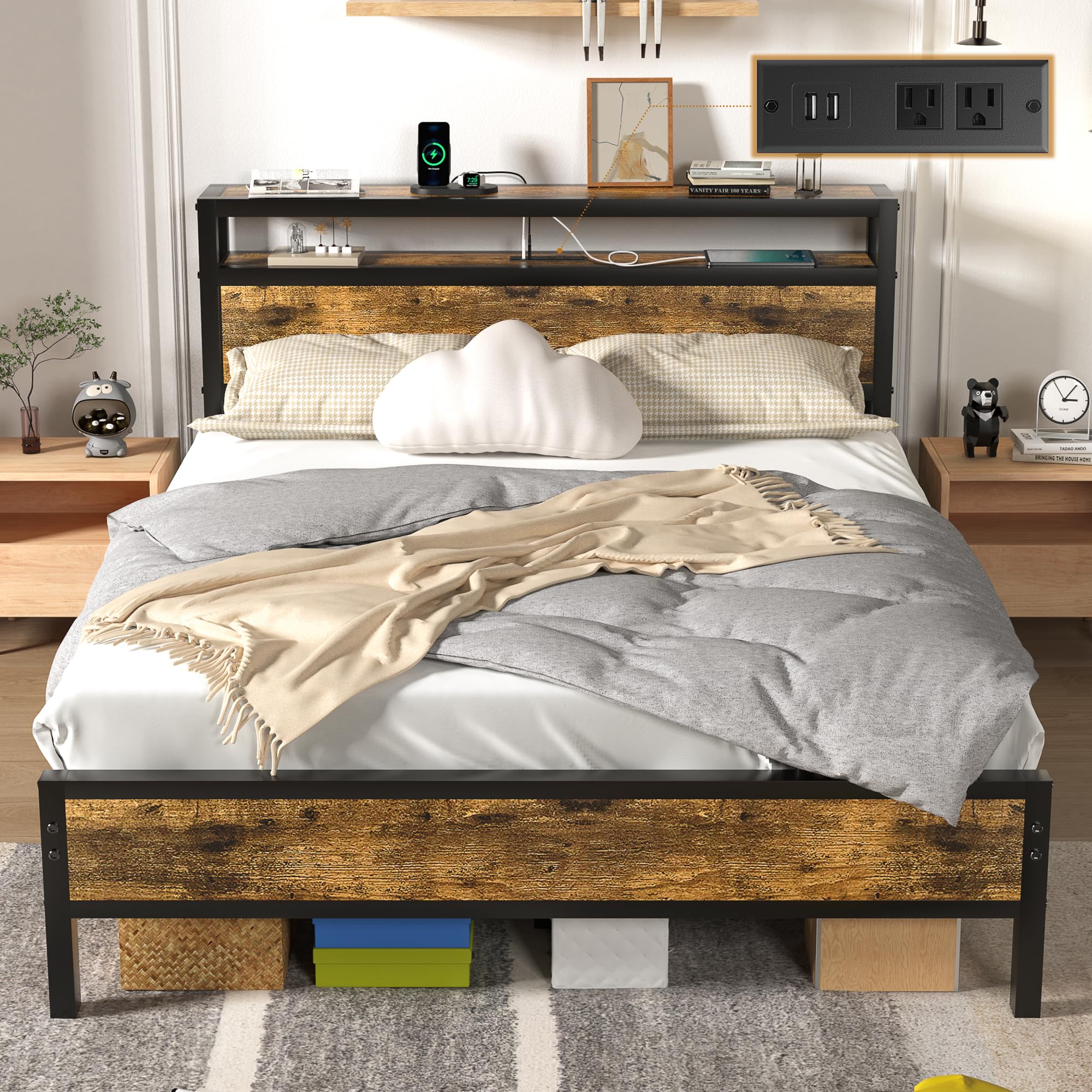 Queen Bed Frame with 2-Tier Storage Headboard, Metal Platform Bed Frame Queen Size with Charging Station, Sturdy Heavy Duty Steel, Industrial Style, Easy Assembly, No Box Spring Needed