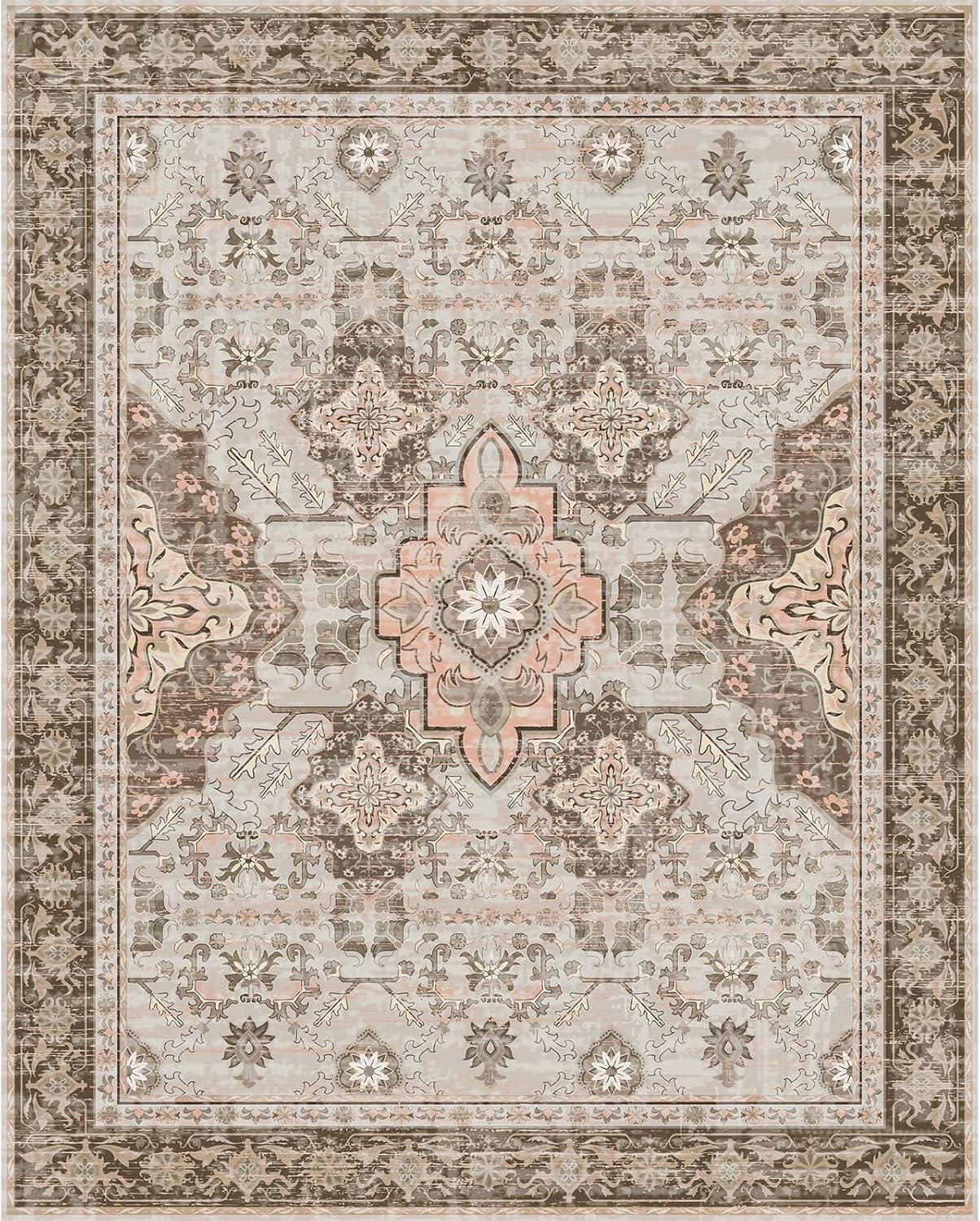 AMTOVO 8x10 Area Rugs for Living Room, Large Non-Slip Washable Rug, Boho Vintage Retro Medallion Print Pattern Carpet for Bedroom Dining Room Home Office Nursery Dorm Farmhouse, Light Brown