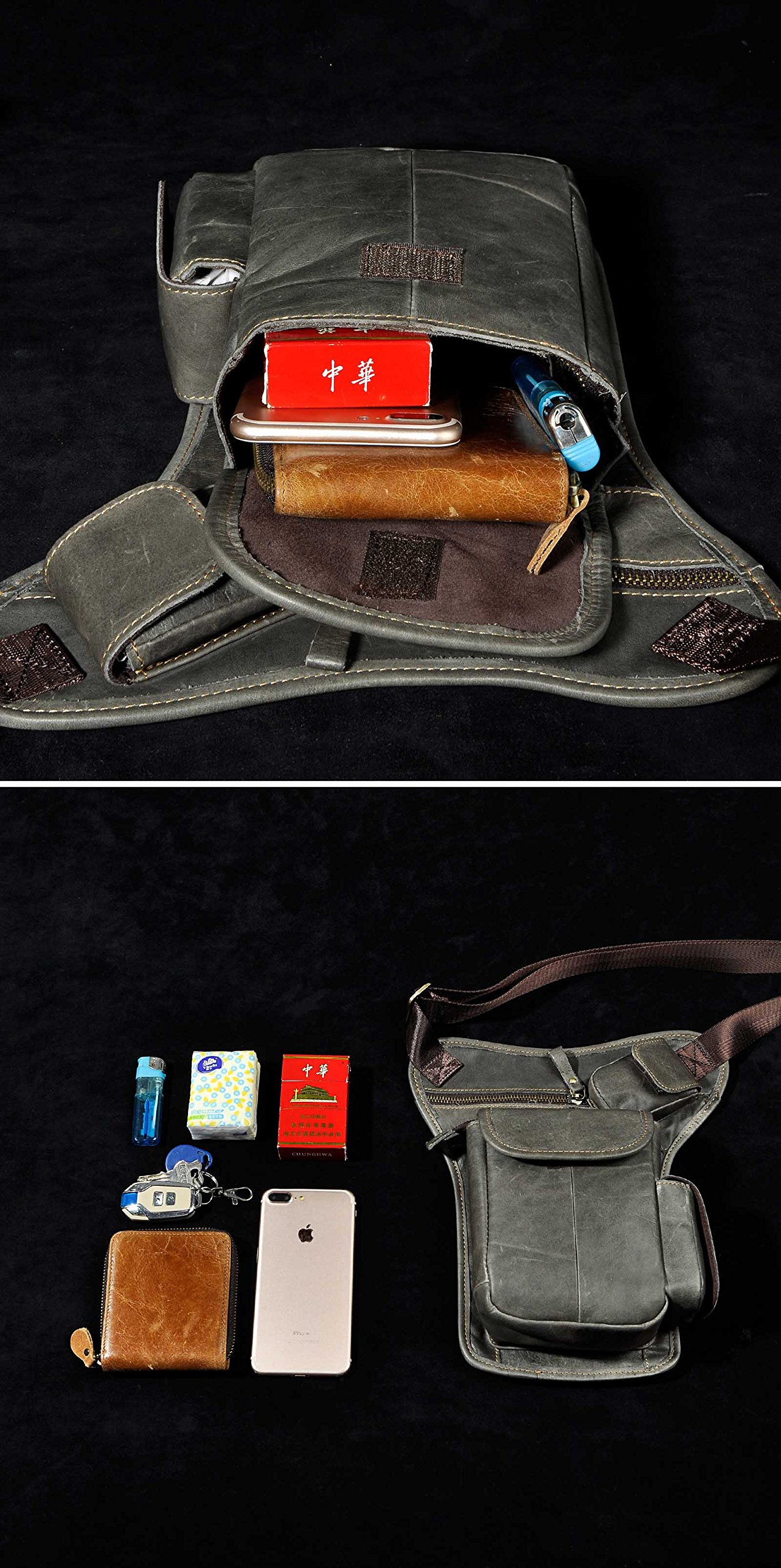 Le'aokuu Herren Echtes Leder Tasche Beinbeutel Beintasche Außenbeintasche Hüfttasche Drop Leg Thigh Bag Motorrad Tactical Messenger Bag 3106