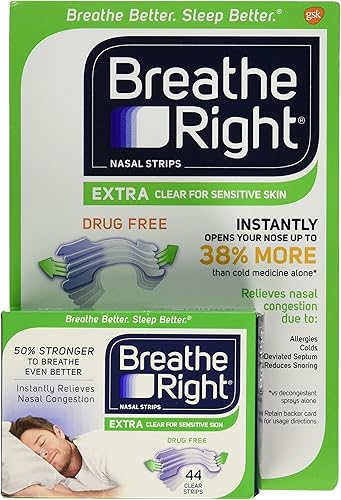 Breathe Right Tiras nasales extra transparentes sensibles sin medicamentos 72 tiras extra transparentes piel sensible