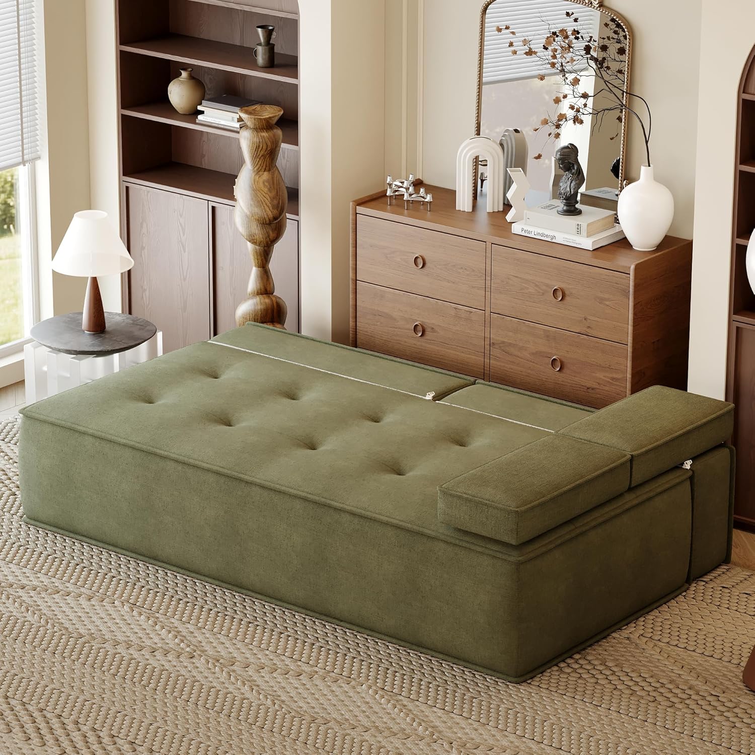 79” Compact Convertible Sofa Bed – Modern Couch, Futon, Cloud Sleeper Loveseat for Living Room, Bedroom, Apartment – Pullout Mini Love Seat, Small Full-Style Day Bed, Green