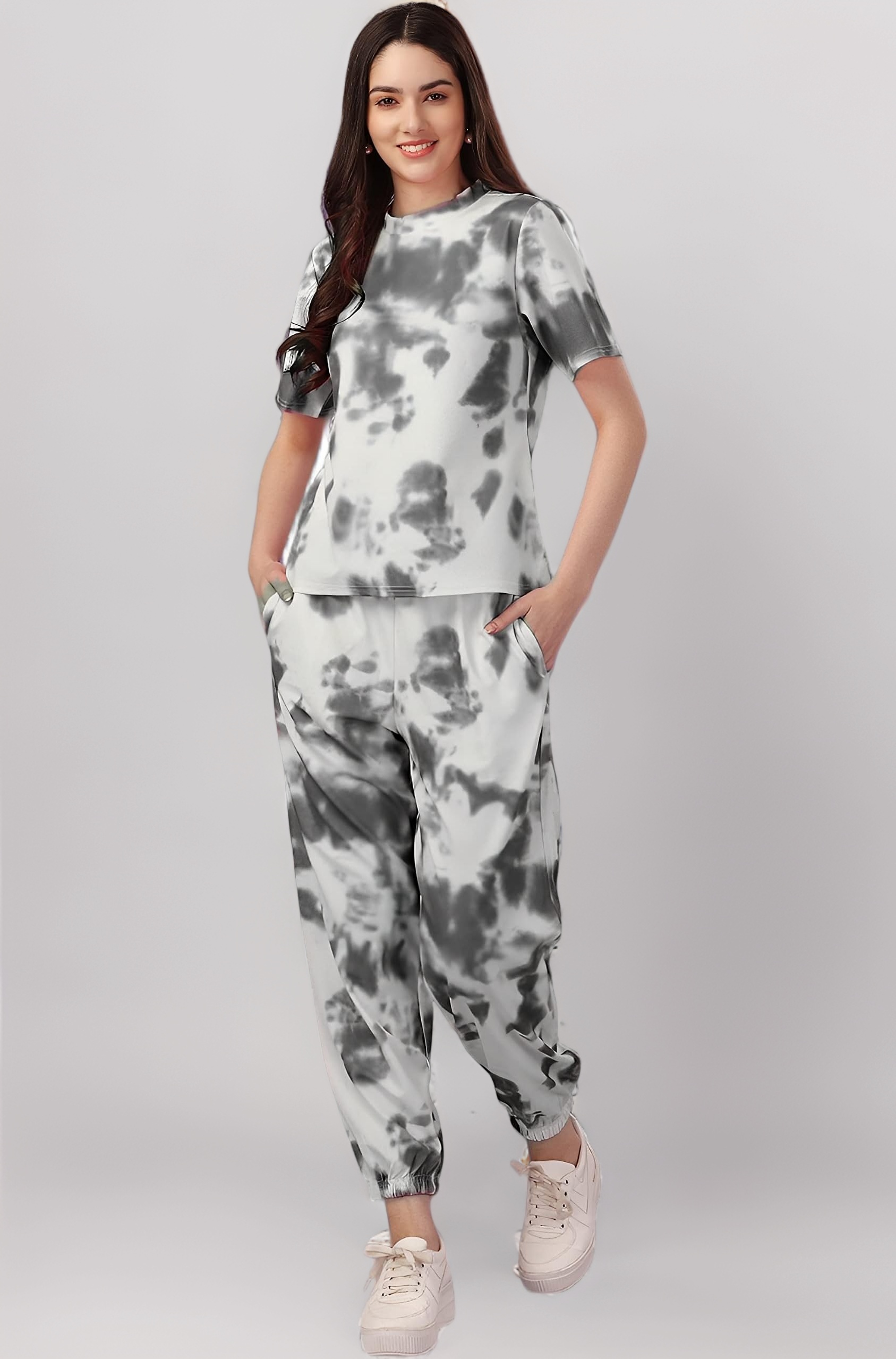 ELLITI Women's Night Suit Set for Women, Lounge Wear, Printed Top and Pyjama Set for Women Nightwear/Loungewear/Night Dress for Women Knitted Tie & Dye Printed Crop T-Shirt -Pyjama