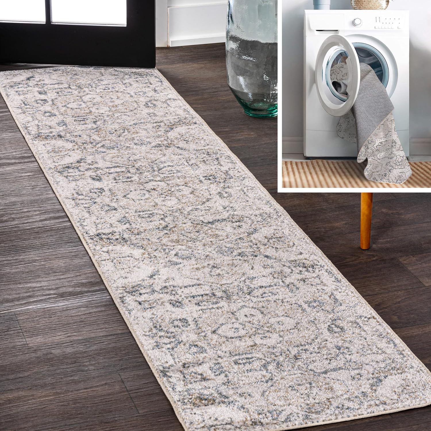 JONATHAN Y Machine Washable Cream/Light Gray Runner Rug 2X8 ft, Edith Distressed Medallion Low-Pile for Living Room, Bedroom, Kitchen, Office, Easy-Cleaning, Pet-Friendly, Non-Shedding WSH315A-28