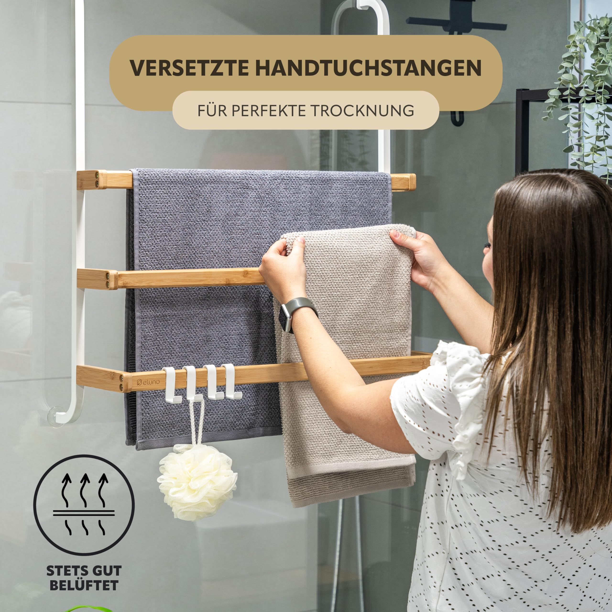eluno Handtuchhalter für die Glasduschwand aus Metall und Bambus, Handtuchhalter mit 3 Handtuchstangen, 4 praktischen Haken, zum Einhängen ohne Bohren (Weiß)