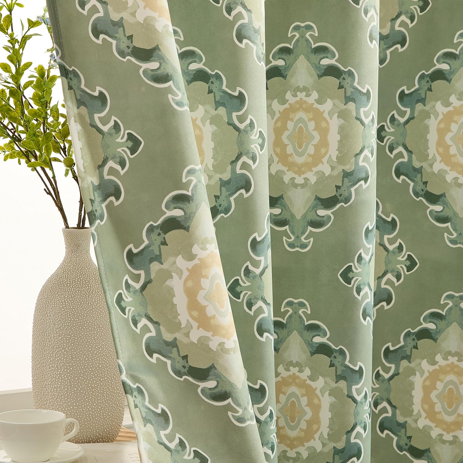 HLC.ME Liam Sage Green and Beige Patterned Curtains - Boho Ogee Ikatt Damask Grommet Curtains - Light Reducing Window Drapes for Bedroom and Living Room, Set of 2 Panels - 52 W x 96 L