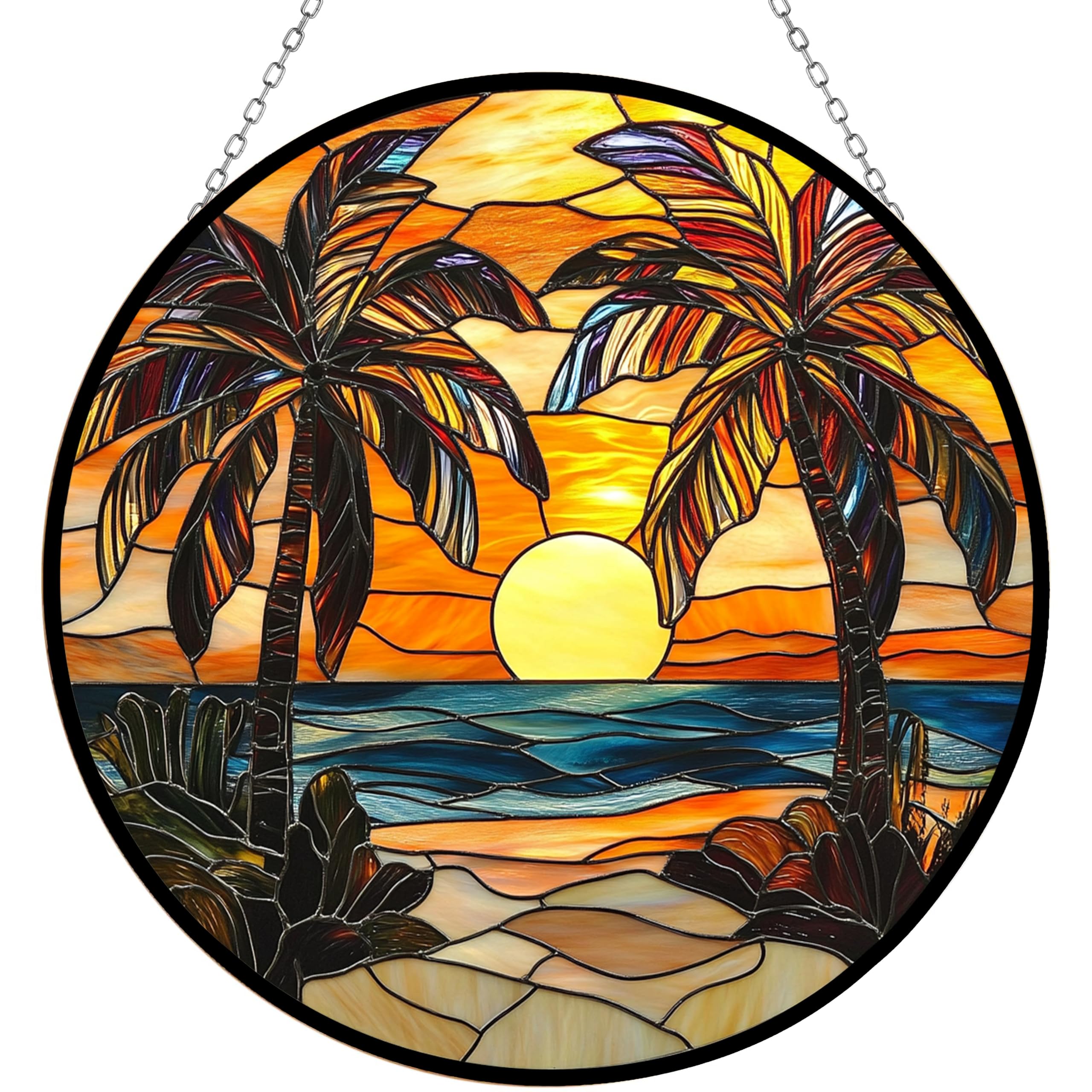 365CUSGIFTS Palm Trees Stained Glass Sun Catcher Mountain Stained Glass Window Hanging, Suncatchers Lavender Wall Decor, for Women/Friends/Lover