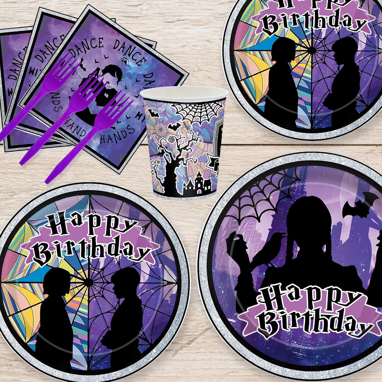 Birthday Party Supplies Paper Plates Napkins Disposable Cup Purple Forks Dessert Plates Tableware Set Kids Birthday Party Decorations for 24 People