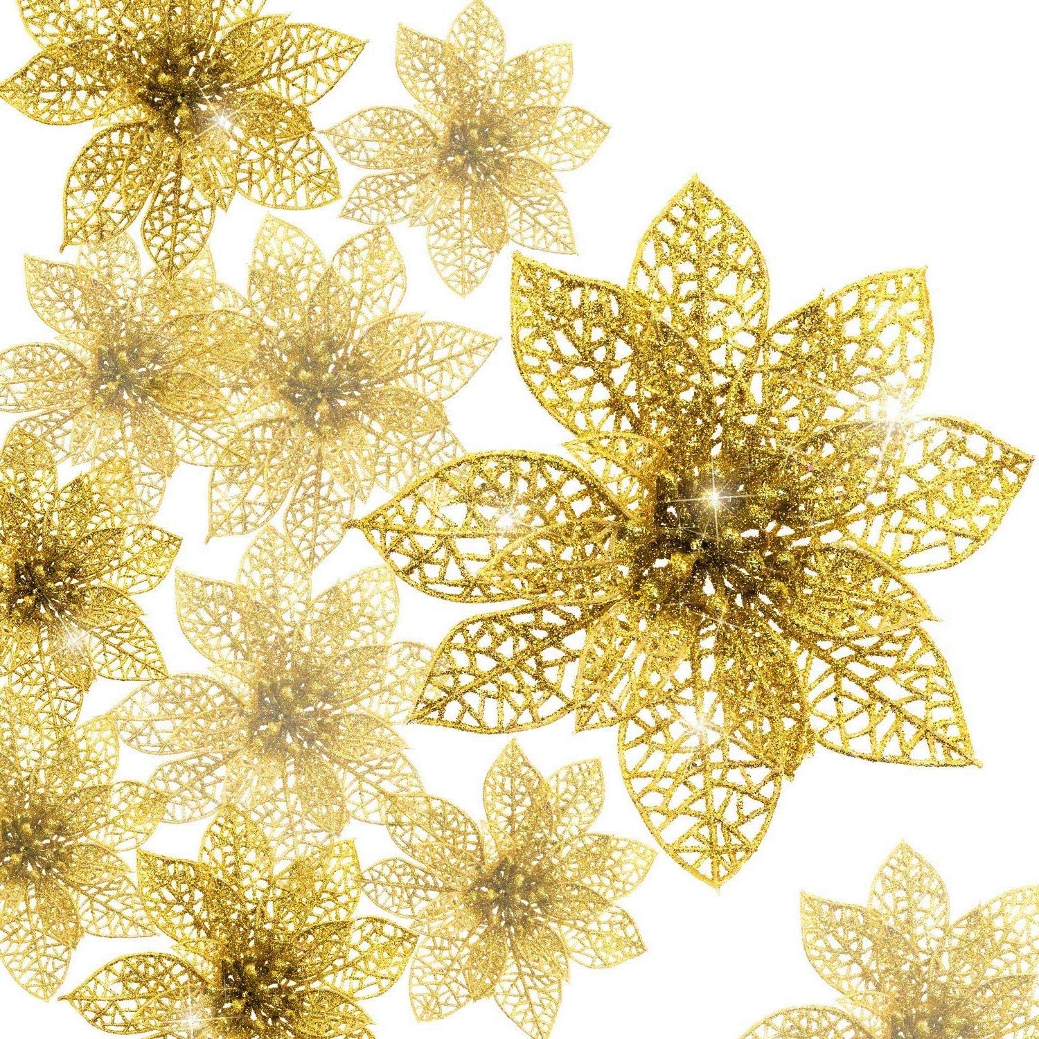 Ensemble de 30 Poinsettias Dorés à Paillettes pour Noël