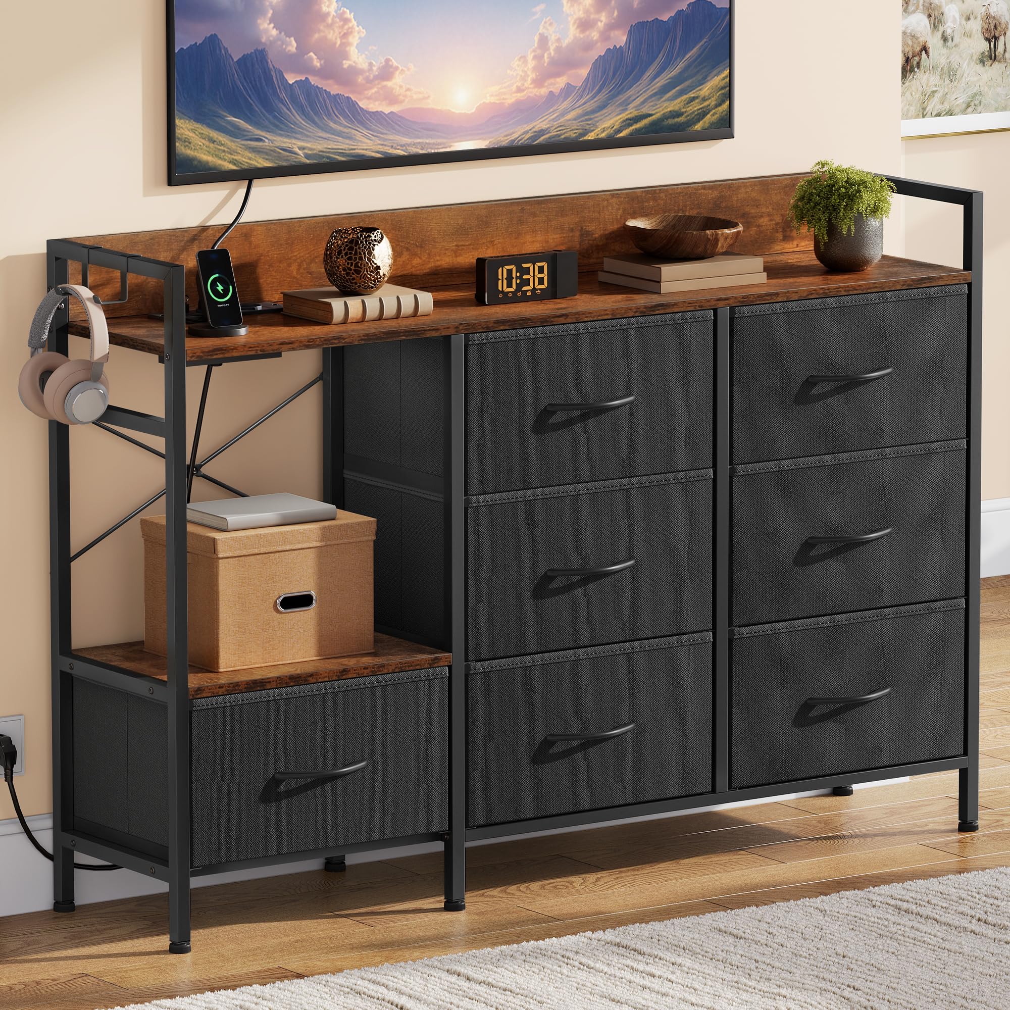 YITAHOME Commode pour Chambre à Coucher avec 7 tiroirs en Tissu, Commode avec 2 Prises, 2 Ports USB et Bande Lumineuse LED, Meuble TV avec Crochets latéraux, Noir
