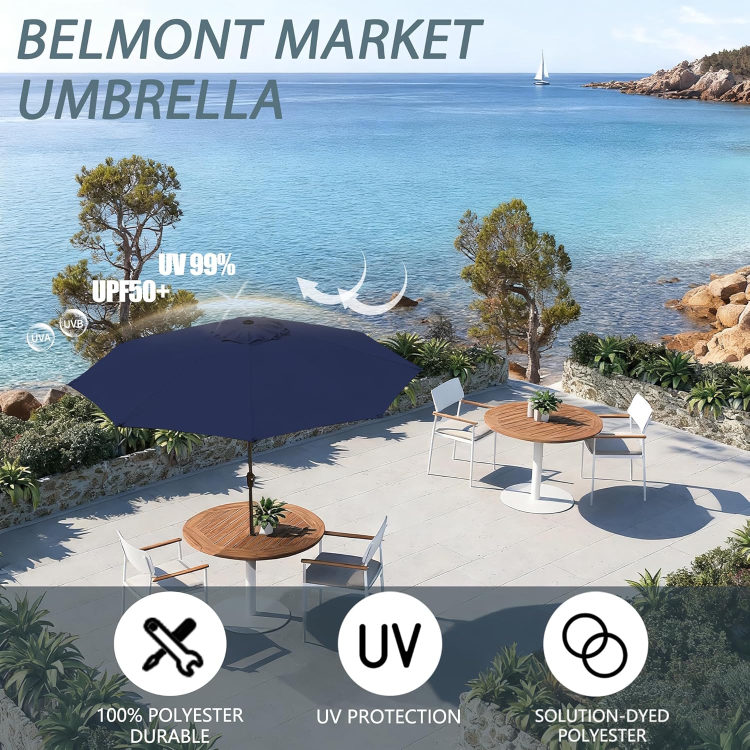 9FT Large Outdoor Patio Umbrella Pool Market Umbrella-UV Resistant, Easy Push Button Tilt and Crank, 8 Sturdy Ribs Heavy-Duty Table Umbrella for Deck, Backyard,Garden (Navy)