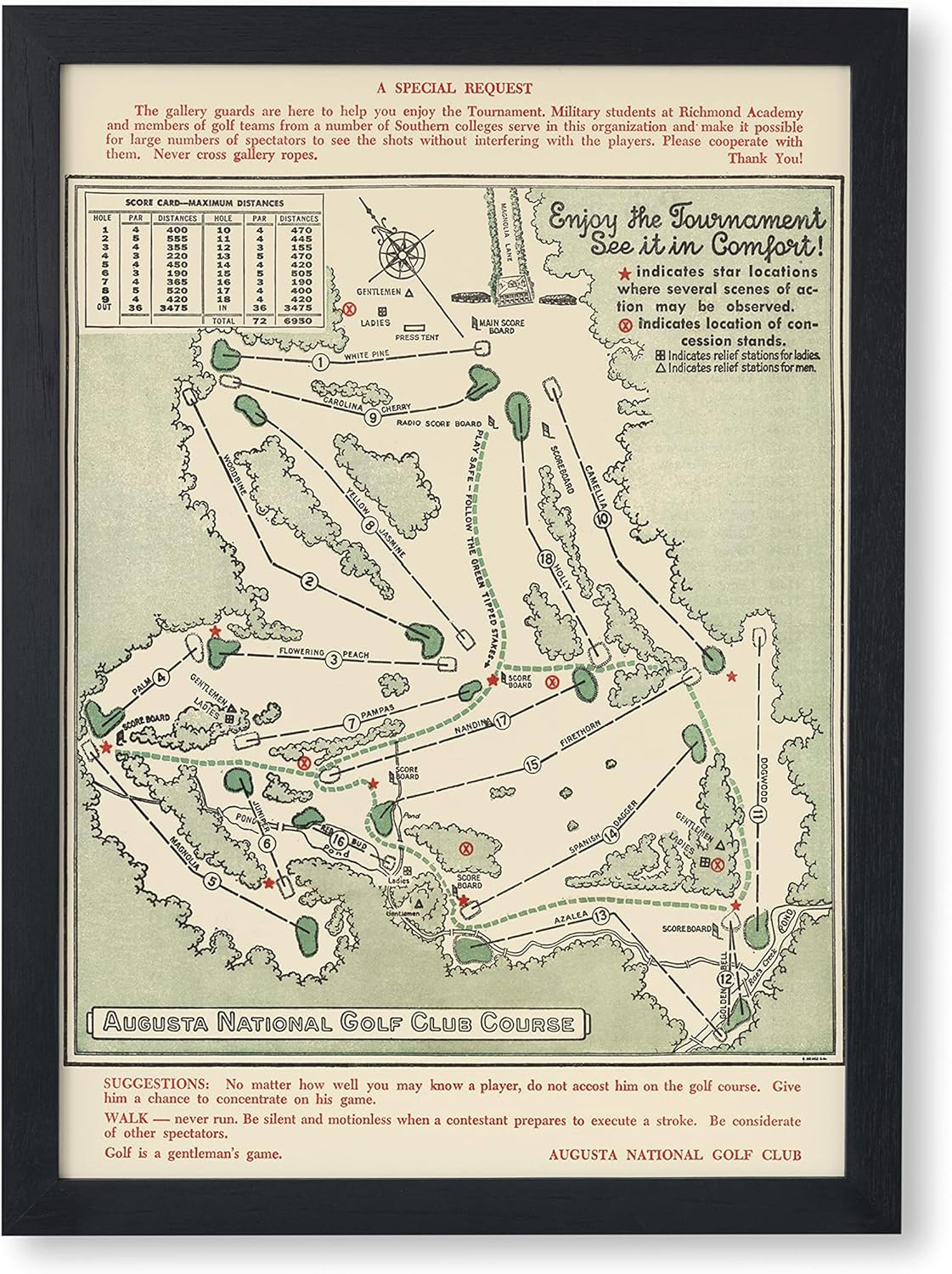 Historic Map - Augusta National Golf Club Course, 1954, Augusta National Golf Club - Vintage Wall Art (18x24 Framed) Historic Map - Augusta National Golf Club Course, 1954, Augusta National Golf Club - Vintage Wall Art (18x24 Framed)