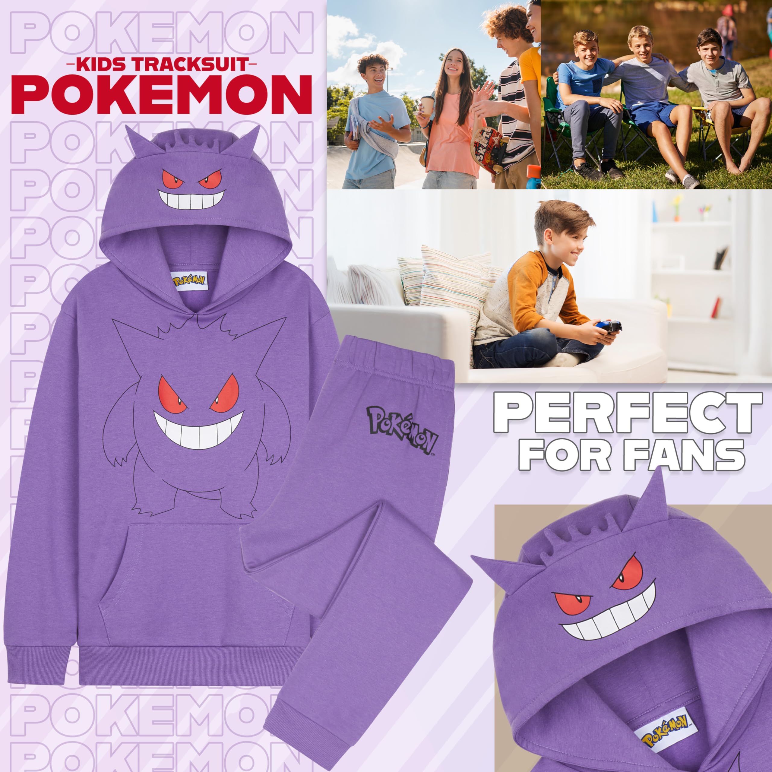 Pokémon Chandal Niño 2 Piezas, Conjunto de Ropa Sudadera con Capucha y Pantalones Jogger, Anime Regalos para Niños y Adolescentes